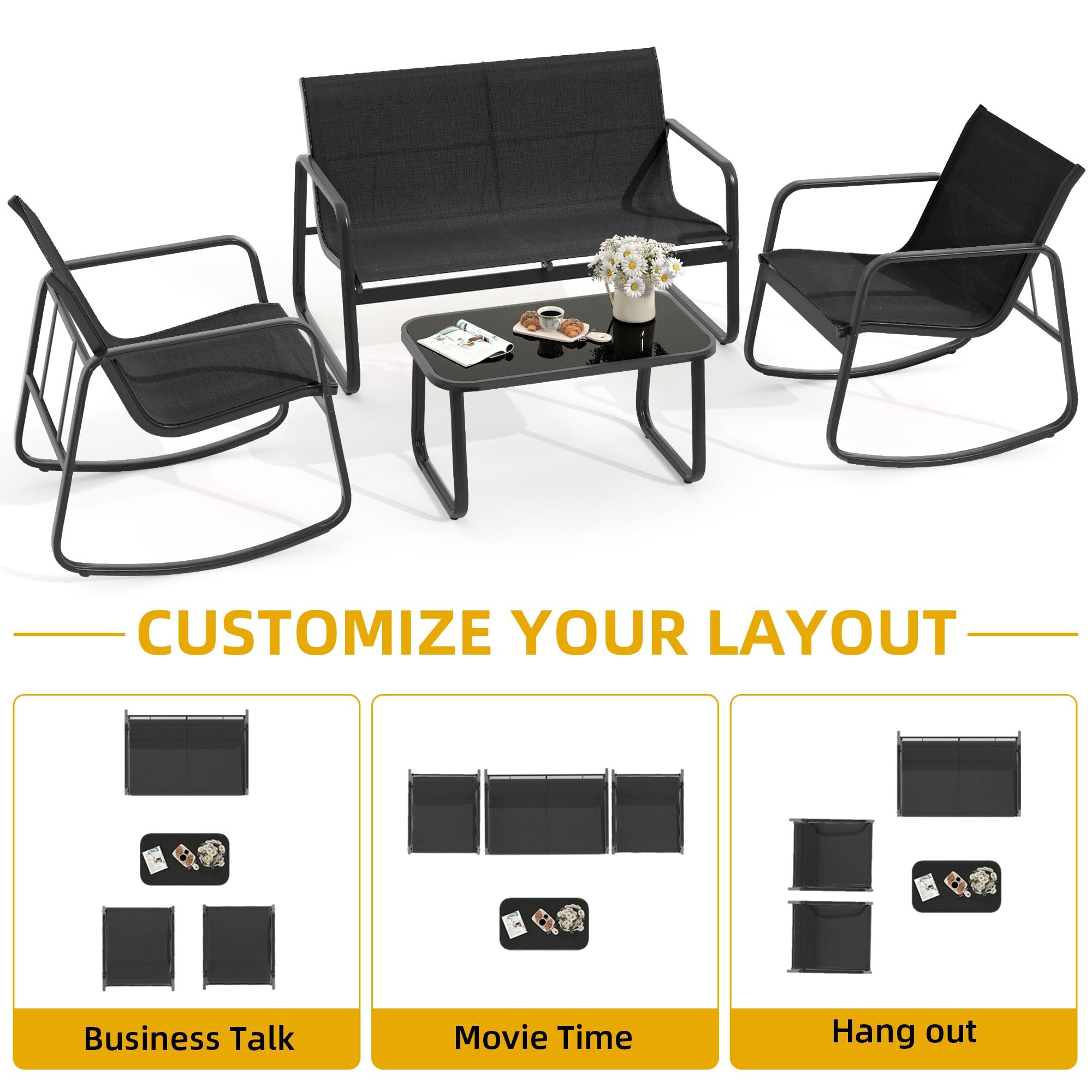 **DWVO 4-Piece Patio Furniture Set - 2 Rocking Chairs, Sofa & Glass Coffee Table - Outdoor Conversation Set for Porch, Deck, Garden, Backyard, Poolside - Black**    *(Perfect for Relaxing, Entertaining, or Enjoying Coffee Outdoors!)*