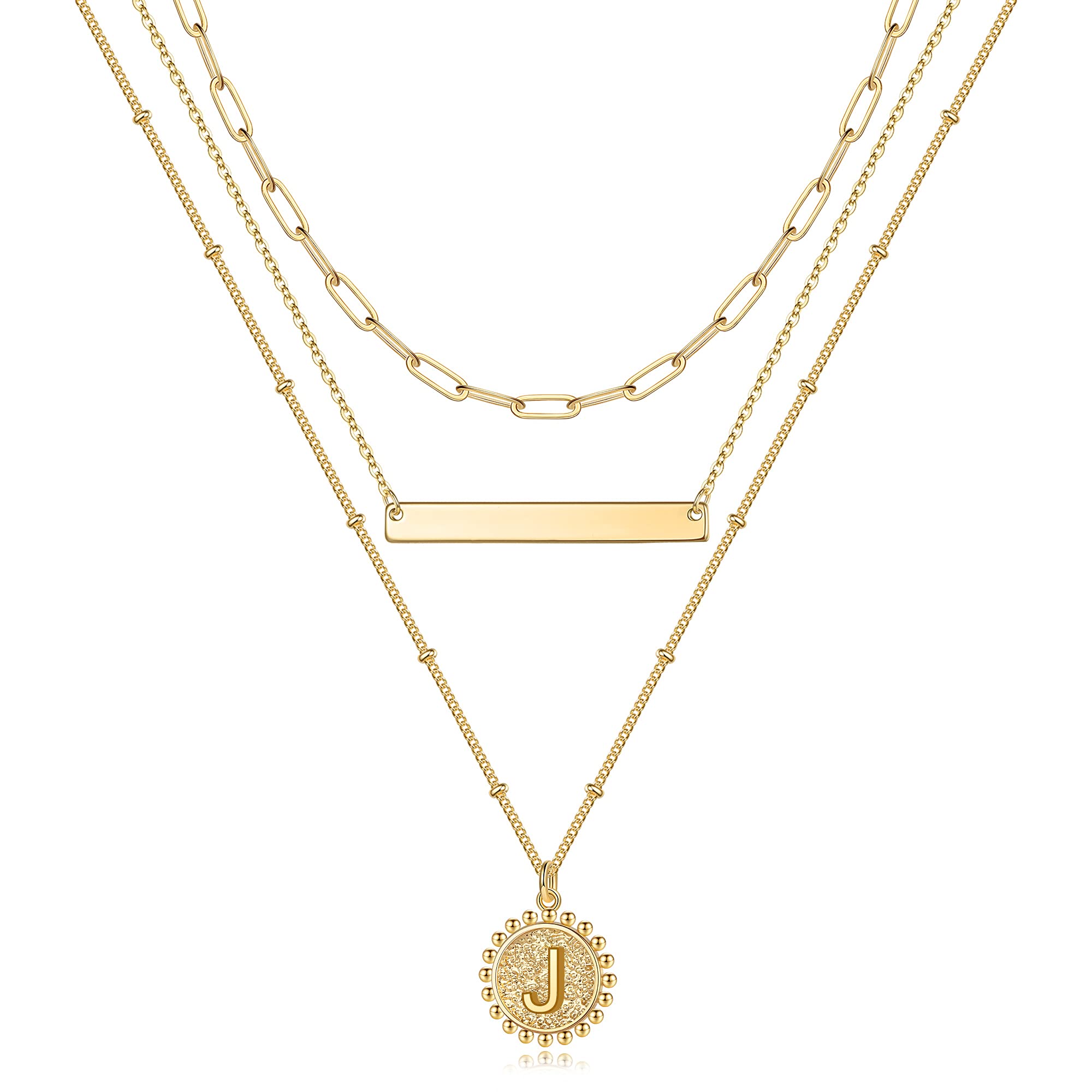 14K Gold Plated Initial Necklace for Women - Personalized Layered Dainty Coin Pendant Paperclip Chain Choker | Gift for Her, Birthday, Anniversary, Valentine's Day | Everyday Wear, Office, Date Night, Special Occasions