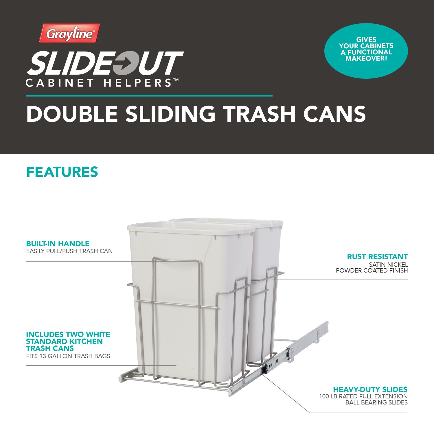 Panacea Grayline Double Trash Can Slide-Out Basket Storage Organizer - Satin Nickel Finish | Under Sink Cabinet Organizer for Kitchen & Bathroom