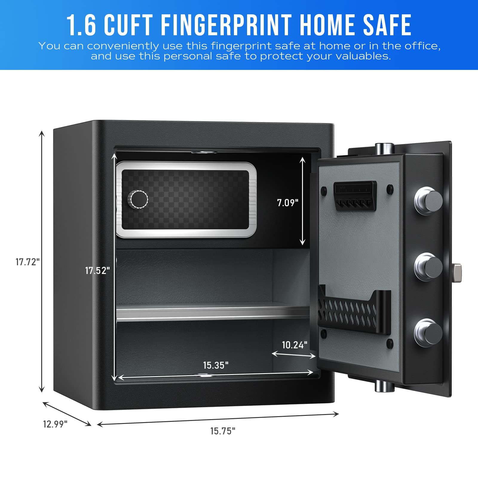 RPNB Deluxe Home Safe Box - Smart Touch Screen Biometric Fingerprint Security Safe with Voice Prompt, Dual Alarm, One-Touch Unlock & Interior Storage | 1.6 Cubic Feet | Ideal for Home, Office, Hotel & Business Security | Protect Jewelry, Cash, Documents & Valuables