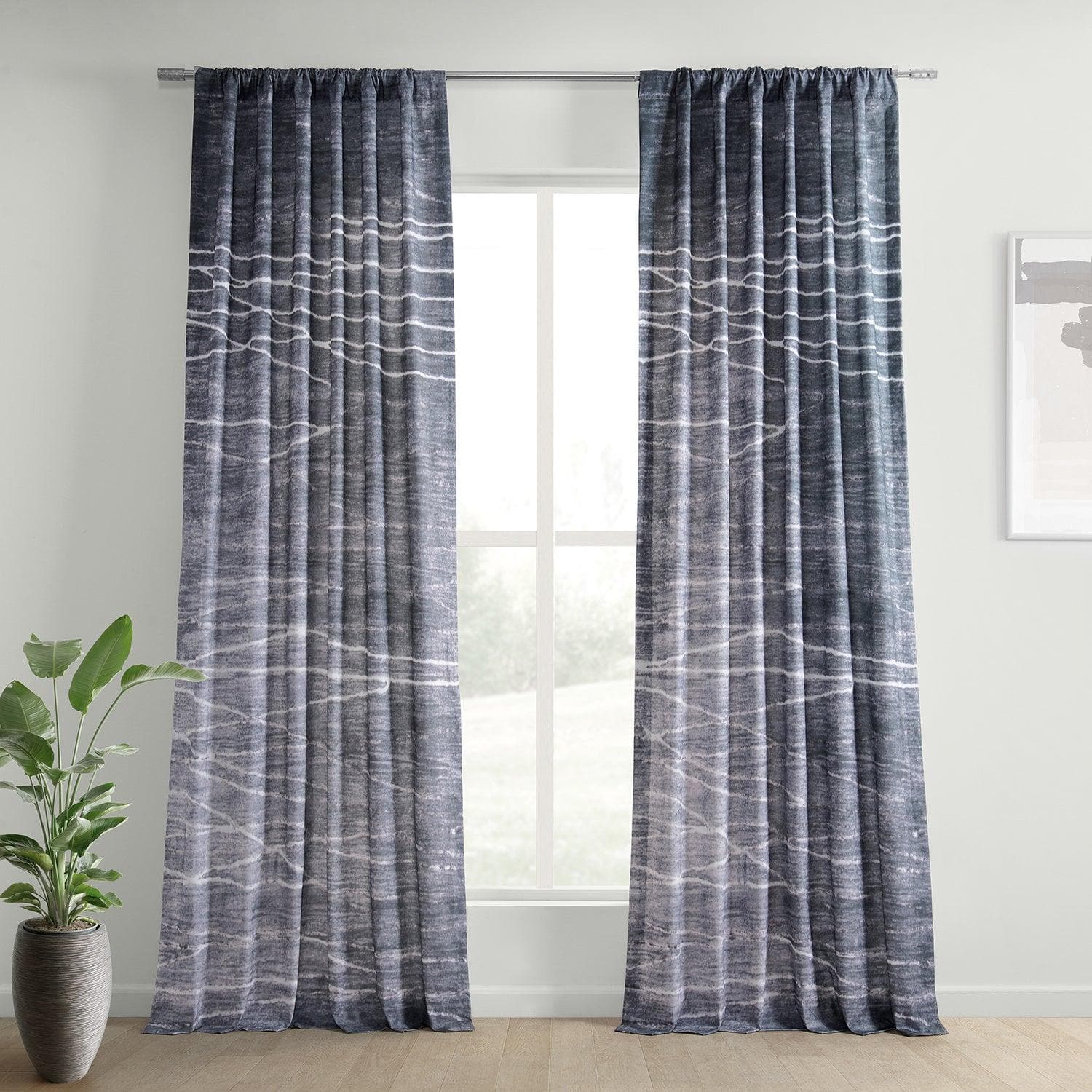 Coal Black Abstract Textured Printed Cotton Curtains for Living Room & Bedroom - Modern Window Drapes for Home Decor