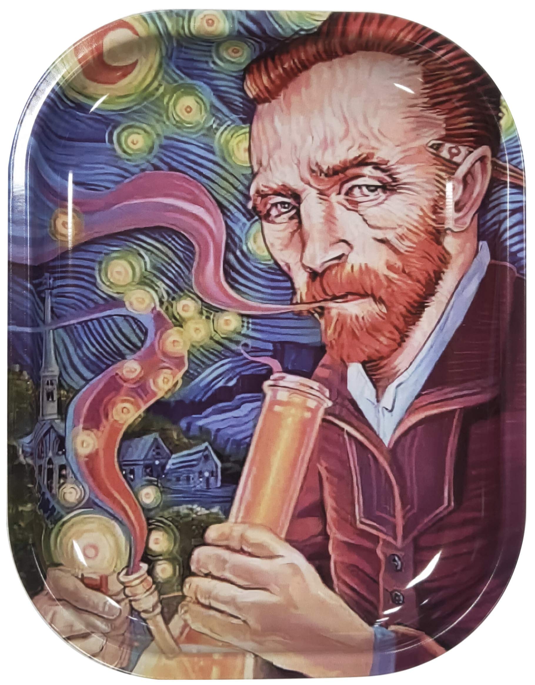 Favela 420 Metal Rolling Tray 7.5 x 6.5 Inch - Medium Car Size Rolling Tray for Cigarettes & Smoking Accessories - Premium Rolling Paper Tray with Van Gogh Design - Perfect for Road Trips, Camping & Outdoor Smoking Sessions