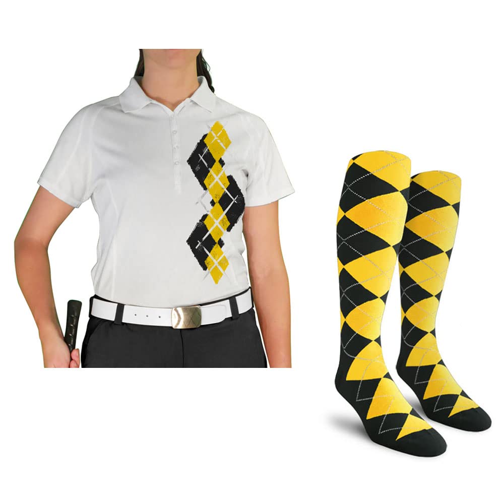 Dry Fit Short Sleeve Graphic Golf Polo Shirt with Socks for Women - Breathable Moisture-Wicking Performance Top & Comfortable Socks Set - Perfect for Golf, Tennis, Casual Wear & Outdoor Activities | Argyle Paradise (A-Z)