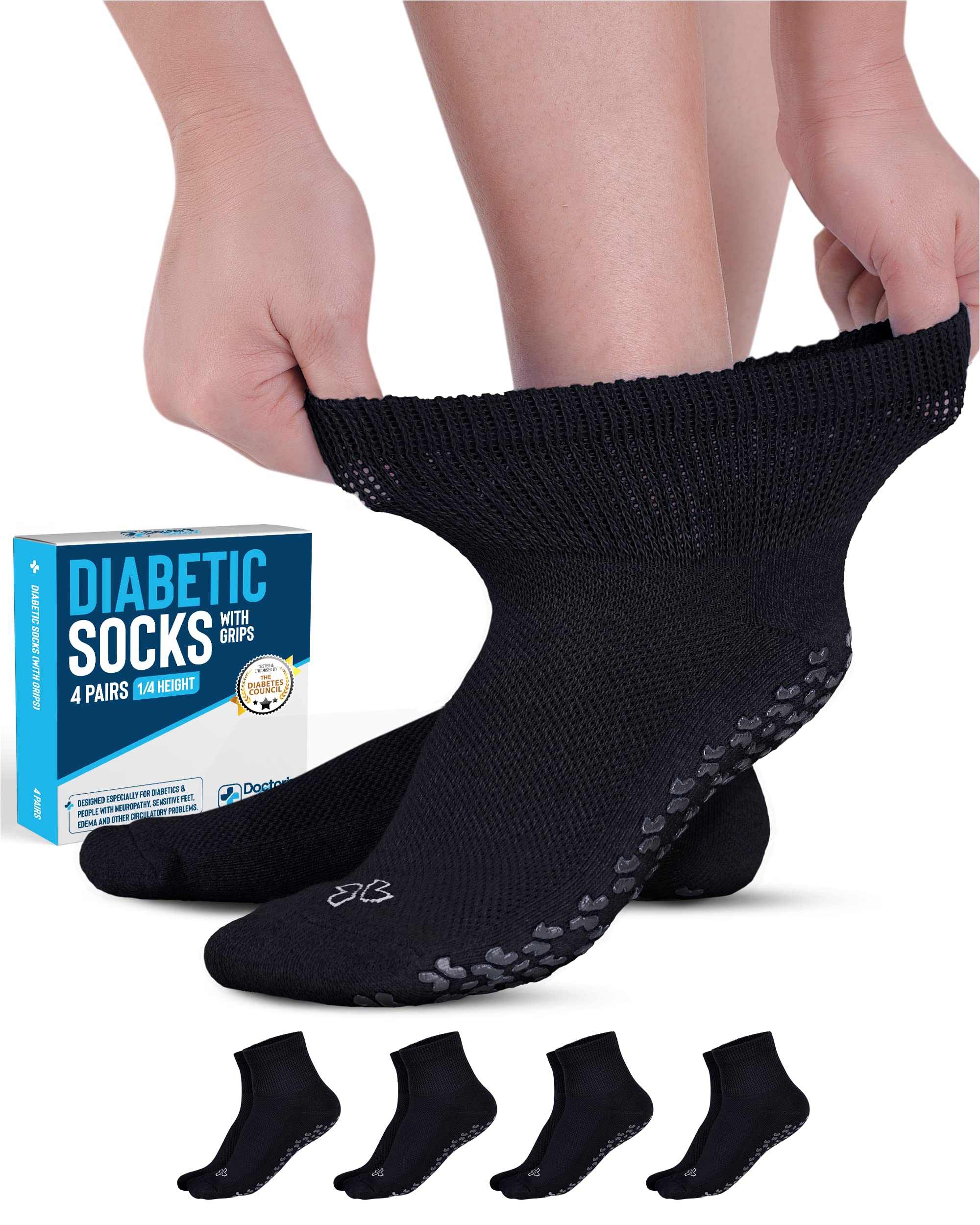 Doctor's Select Diabetic Ankle Socks with Non-Slip Grippers for Men & Women - 4 Pairs 1/4 Crew Length Neuropathy Socks for Circulation & Comfort - Ideal for Diabetes, Swelling & Daily Wear
