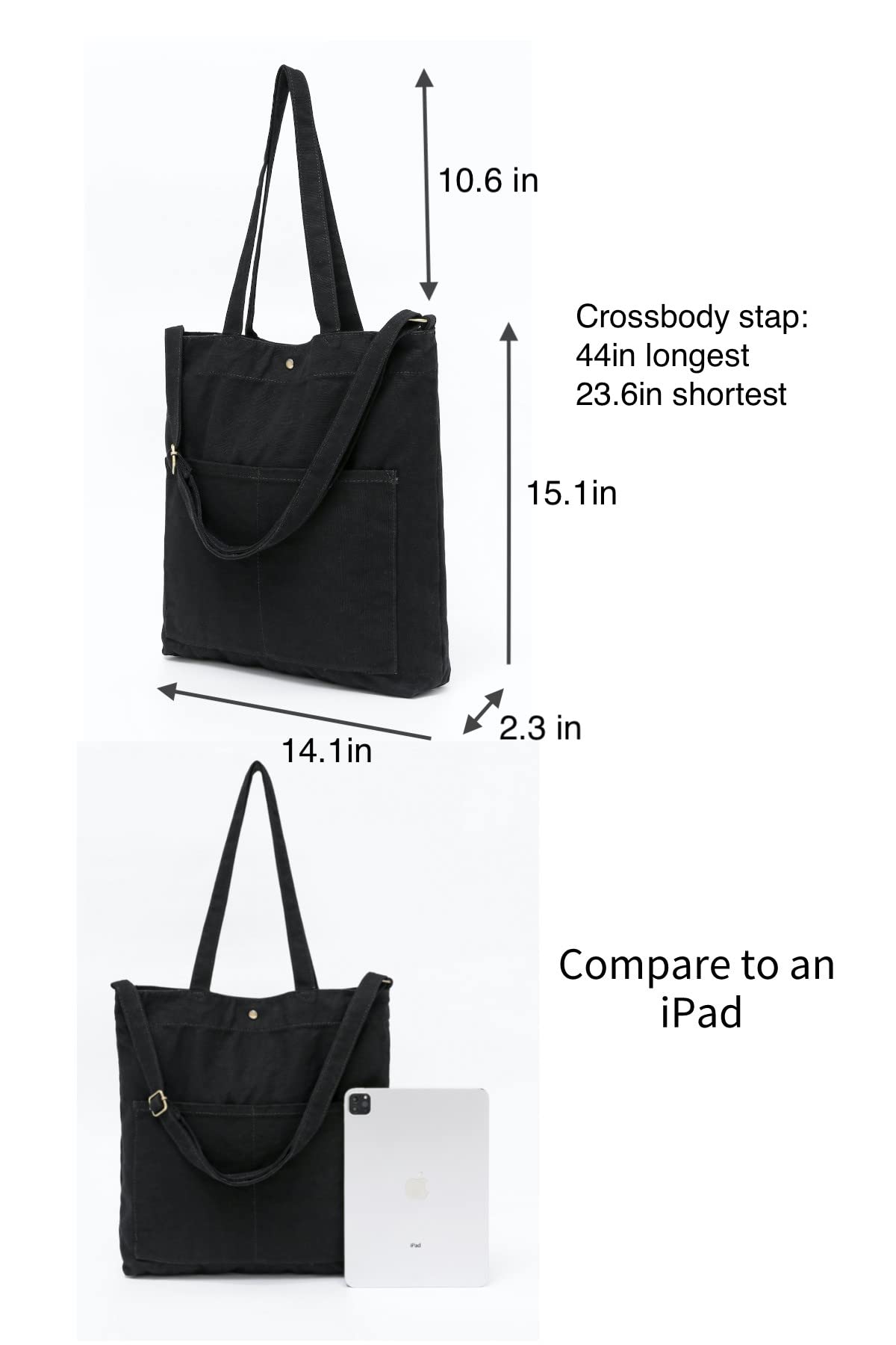 Jeelow Canvas Tote Bag for Women & Men - Durable Shoulder Bag with Crossbody Strap & Double Pockets - Perfect for Work, Travel, Shopping, and Daily Use