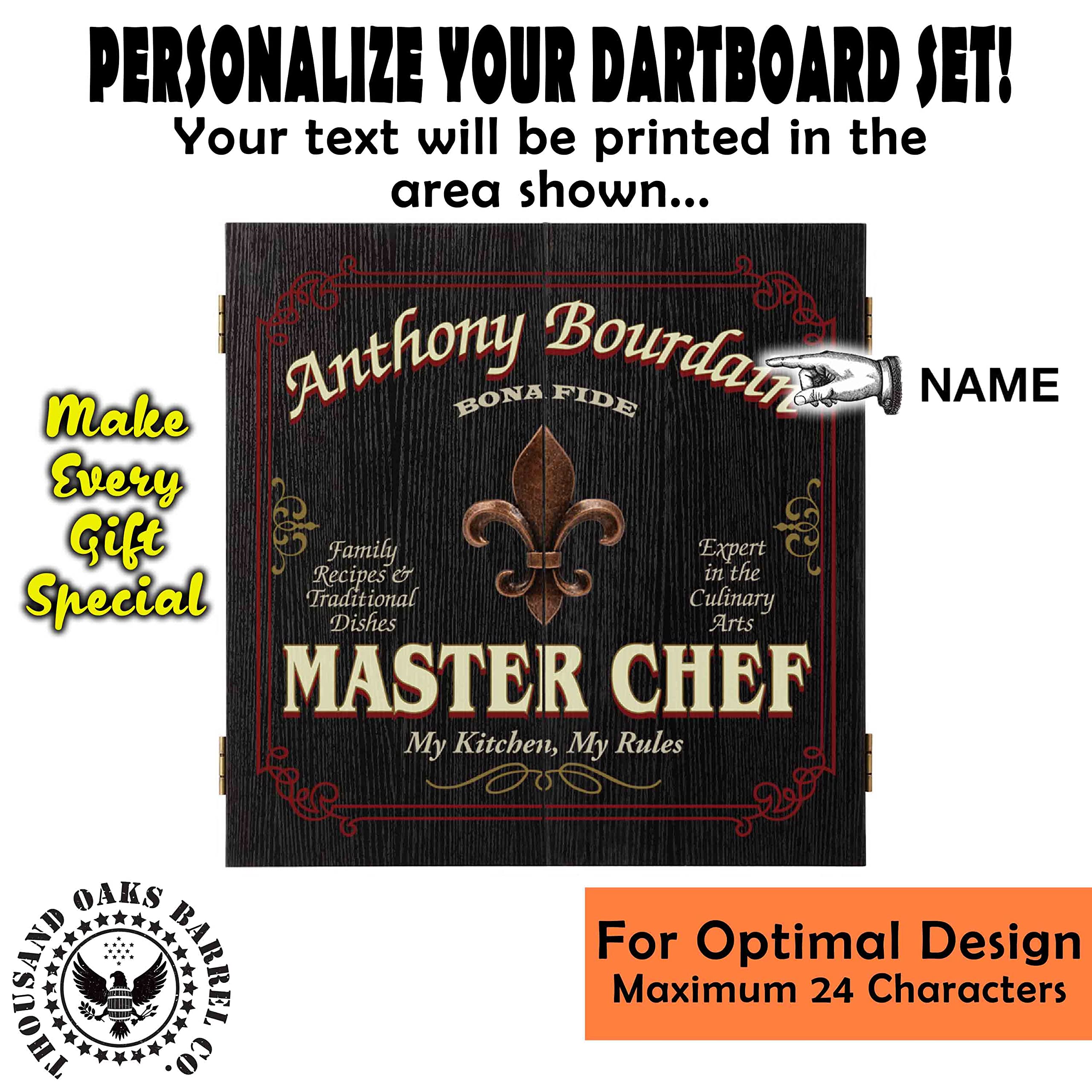 THOUSAND OAKS BARREL CO. Personalized Dartboard Cabinet Set with 6 Steel Tip Darts - Professional Bristle Dart Board for Adults - Includes Eraser & Chalk Scoreboard - Perfect for Game Rooms, Bars, and Home Entertainment