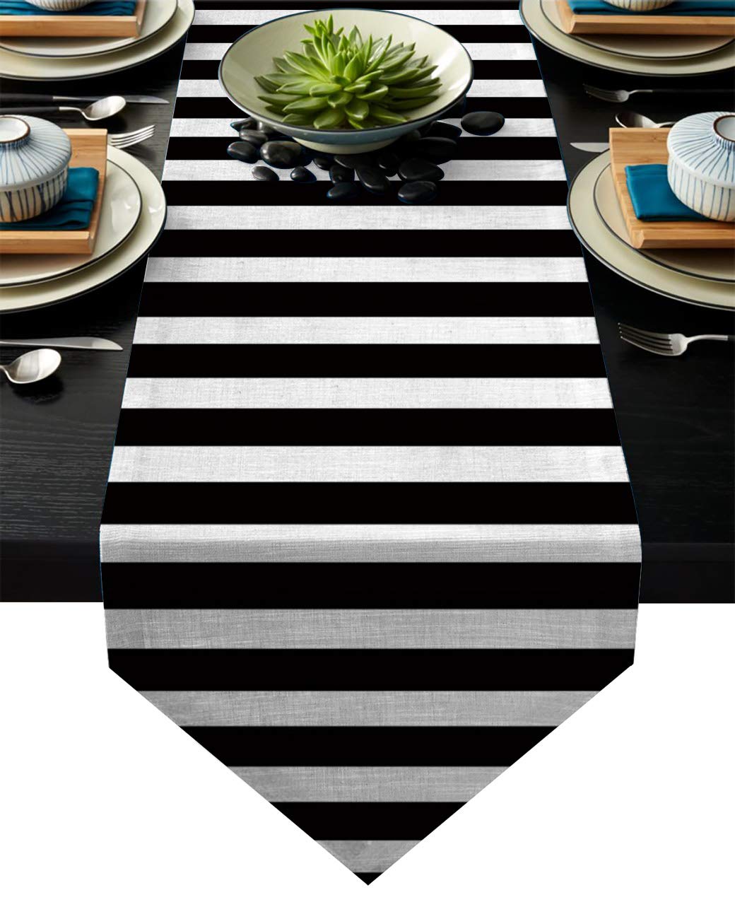 Black White Stripe Burlap Table Runner - 13x70in for Wedding & Home Decor