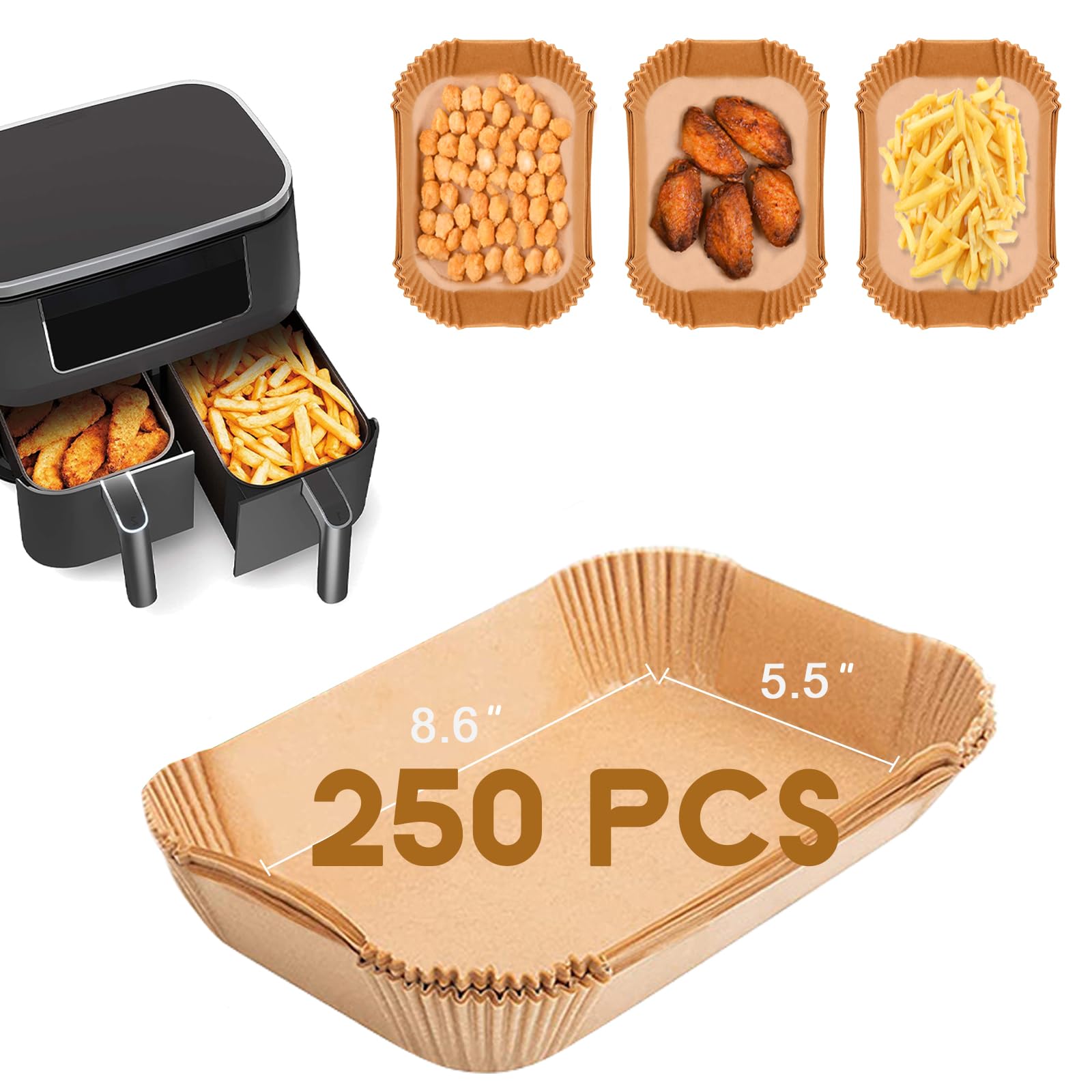 250 Pcs Disposable Non-Stick Rectangle Parchment Paper Liners for Ninja Dual Air Fryer - Perfect for Baking, Roasting & Air Frying - Fits Most Rectangular Air Fryer Baskets
