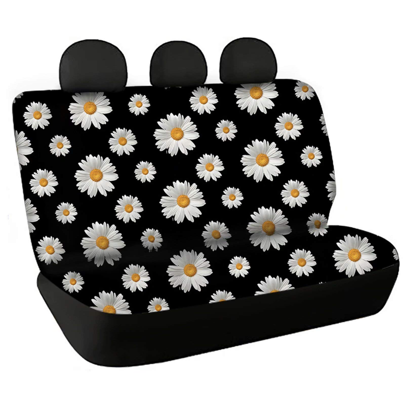 Dolyues Women's Rear Seat Cover 2-Piece Set - Elegant Daisy Plumeria Design, Stretchable Polyester Car Seat Protector - Dustproof & Decorative Auto Accessories (Black) - Perfect for Daily Commute, Road Trips & Protecting Your Car Interior