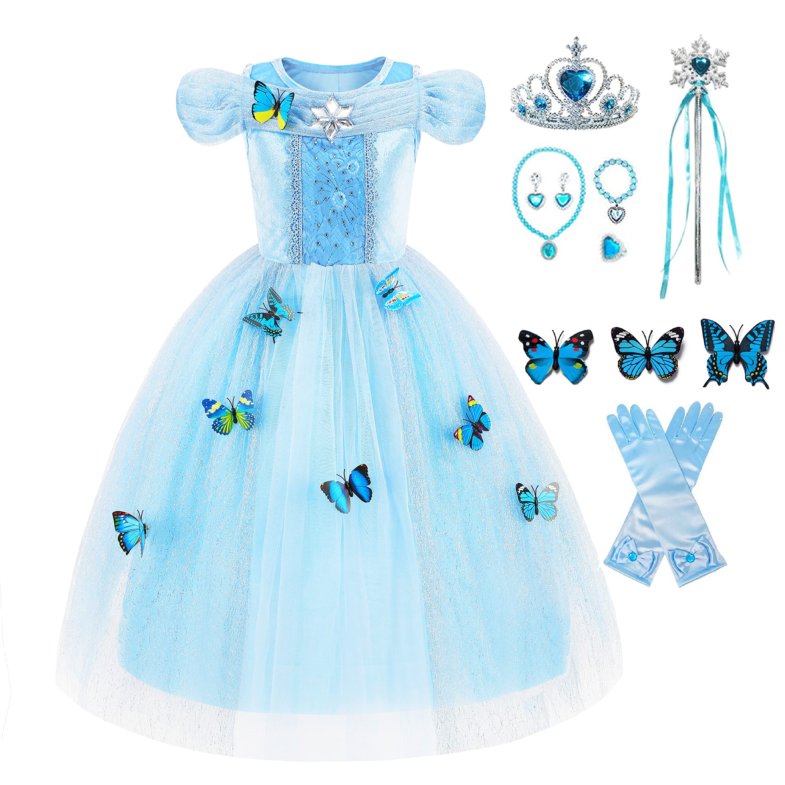 Cinderella Princess Costume for Girls - Blue Toddler Dress Up Outfit with Accessories for Birthday Party, Halloween & Cosplay