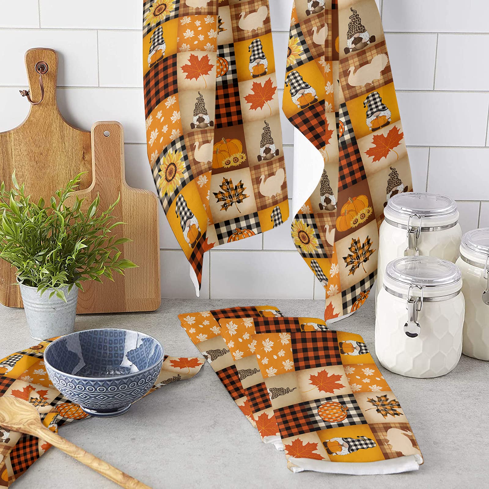 **Premium Microfiber Kitchen Towels Set of 3 - Absorbent & Reusable Dish Towels, Tea Towels, Bar Towels (18x28 Inch) - Thanksgiving Pumpkin Turkey Maple Leaves Gnome Retro Plaid Design - Perfect for Holiday Decor, Dish Drying & Cleaning**