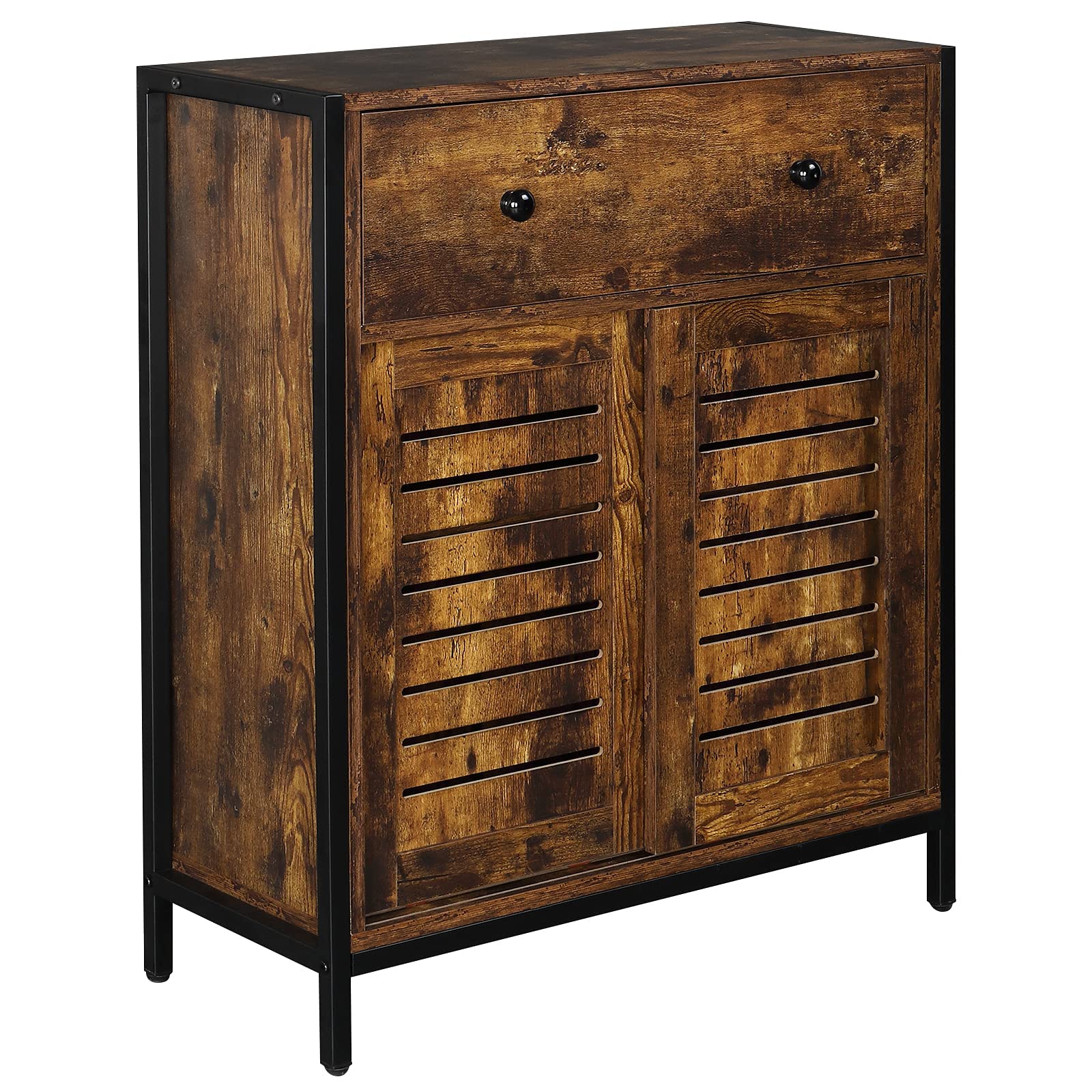 Rustic Brown Steel-Wood Bathroom Storage Cabinet - Freestanding Floor Organizer with Large Drawer & 2 Shelves Behind Double Shutter Doors | Perfect for Bathroom, Bedroom, or Laundry Room Organization