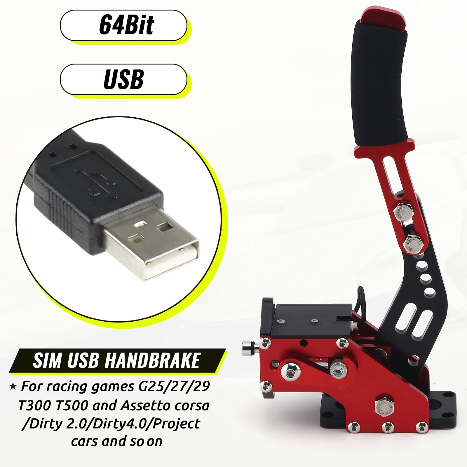 Muge Racing USB Handbrake - 64-bit PC Sim Racing Handbrake with Clamp for Logitech G27 G25 G29, Thrustmaster T500 T300, Fanatec OSW - Compatible with Dirt Rally 2.0, LFS (Red) - Perfect for Sim Racing, Drifting & Rally Games