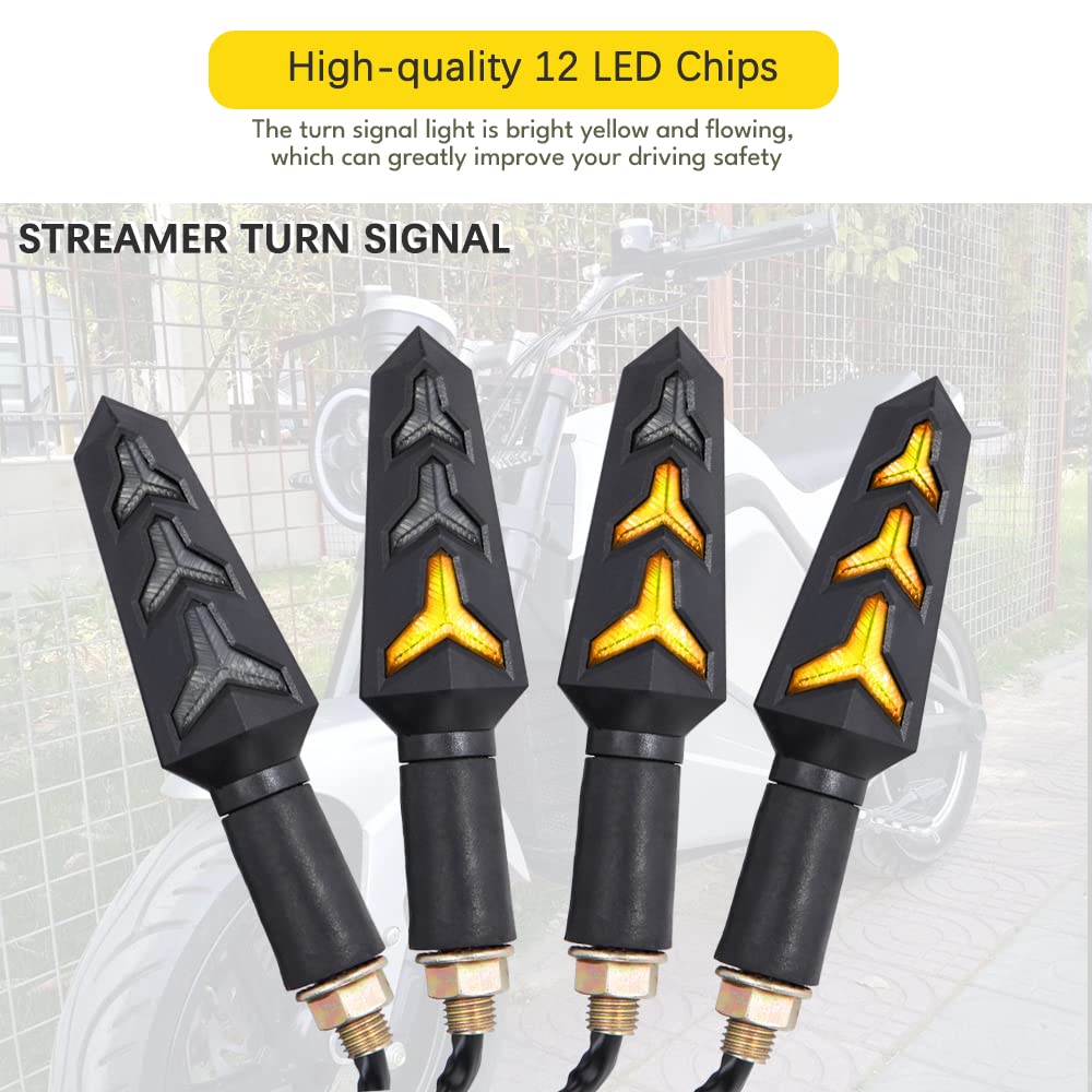 DREAMIZER 4pcs Motorcycle LED Turn Signals Lights - Water Flowing Blinker Indicator with 10mm Built-in Relay Arrow for Motorcycle & Motorbike - Perfect for Night Riding and Enhanced Safety (Set of 4)