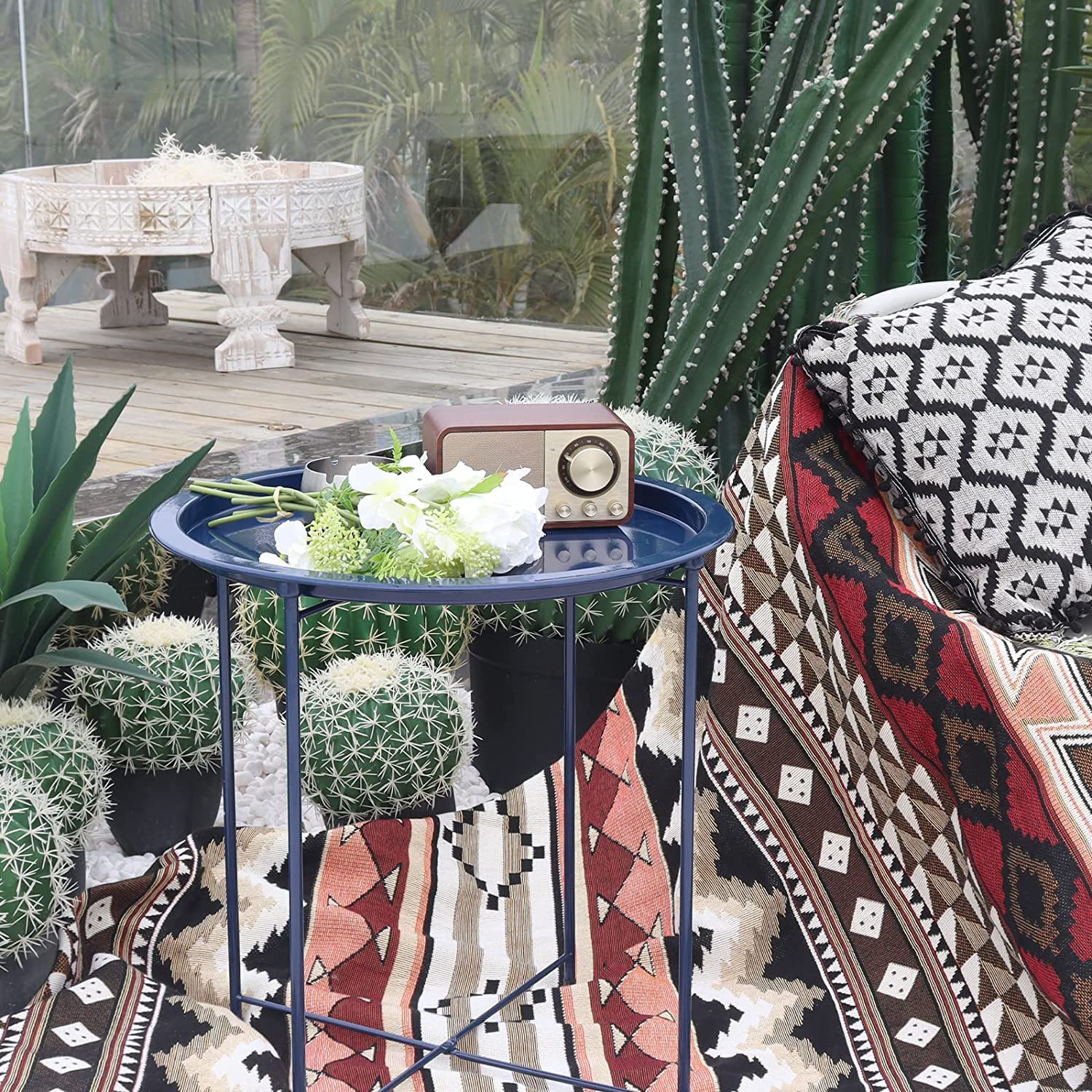 Garden 4 You 2-Piece Outdoor Side Table Set - Round Metal Folding Patio End Tables for Garden, Balcony & Living Room - Dark Blue - Perfect for BBQs, Poolside Lounging & Indoor Decor