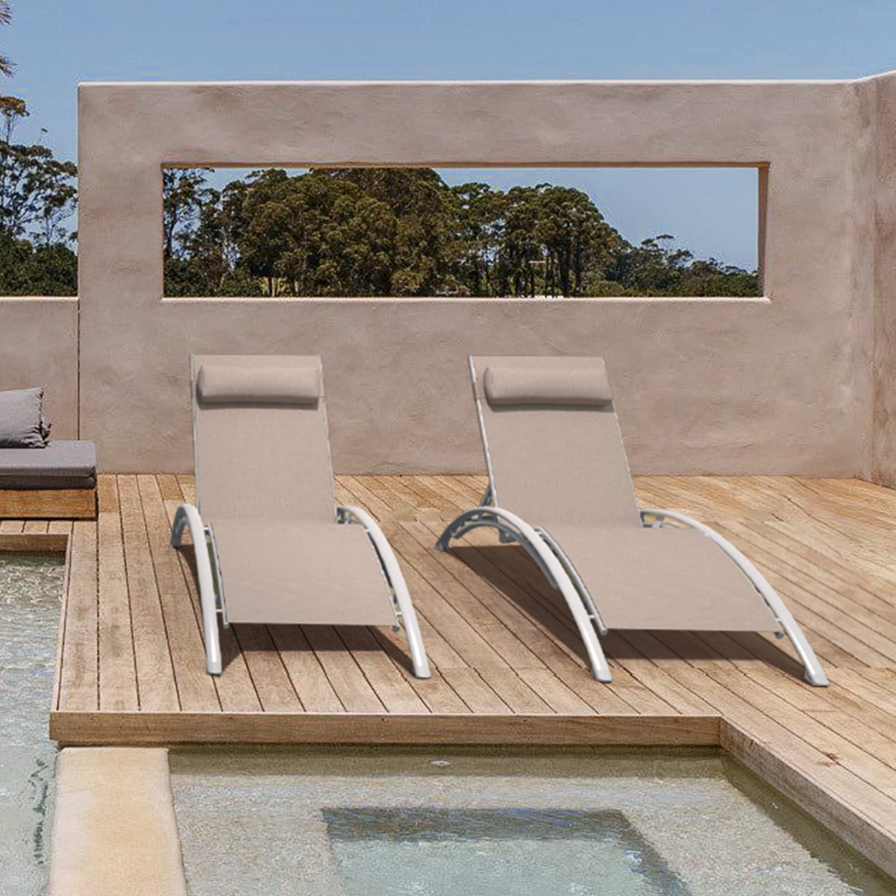 Domi Outdoor Chaise Lounge Set of 2 - Adjustable Patio Recliner Chairs with Removable Pillow for Pool, Beach, Garden & Backyard - Comfortable Sunbathing & Relaxation Furniture (Khaki)