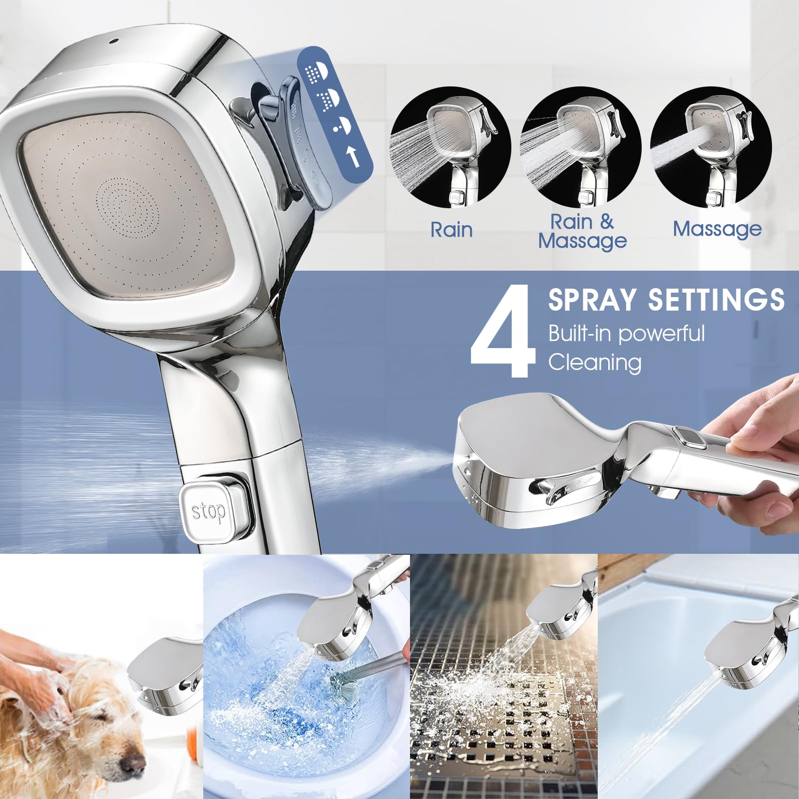 High Pressure RV Shower Head with 60 Inch Hose & On/Off Switch - 4 Settings Water-Saving Camper Shower Head Replacement - Chrome Finish for Travel Trailers & Motorhomes - Perfect for Off-Grid Camping & Boondocking