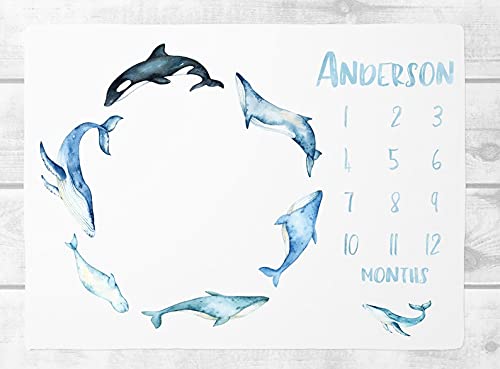 Personalized Baby Boy Whale Milestone Blanket - Ocean Theme Nursery Growth Tracker Blanket for Monthly Milestones | Perfect Baby Shower Gift & Newborn Photo Prop