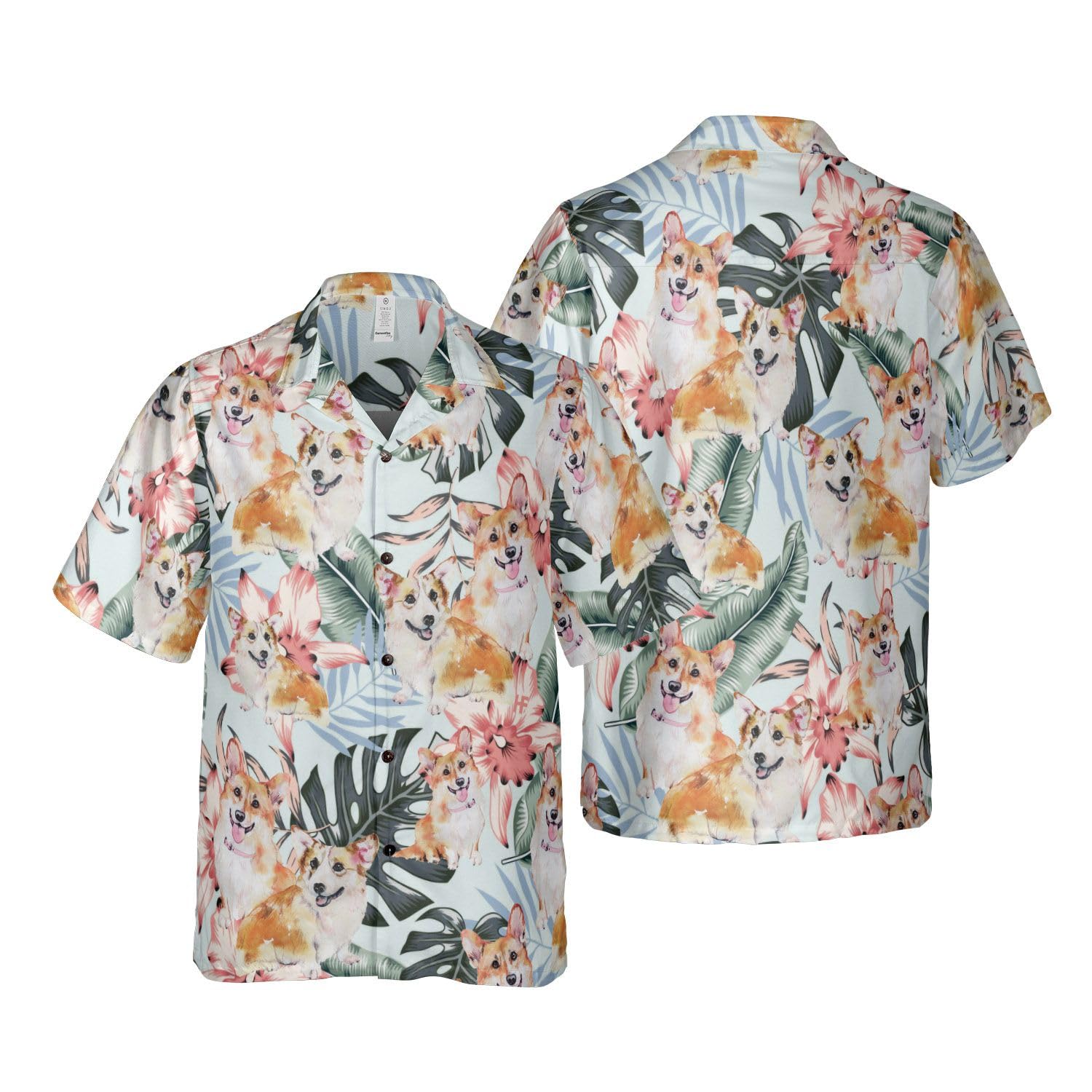 HYPERFAVOR Men's Corgi Hawaiian Shirt - Cute Button Down Dog Lover Gift - Casual Summer Beach Shirt for Corgi Owners & Puppy Enthusiasts