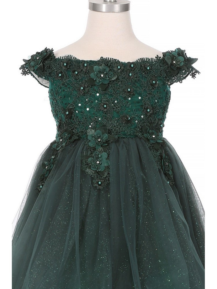 Hunter Green Floral Sequin Off Shoulder Junior Bridesmaid Dress for Big Girls Size 8-12 | Formal Party, Wedding Guest, Prom Gown for Teens & Young Women