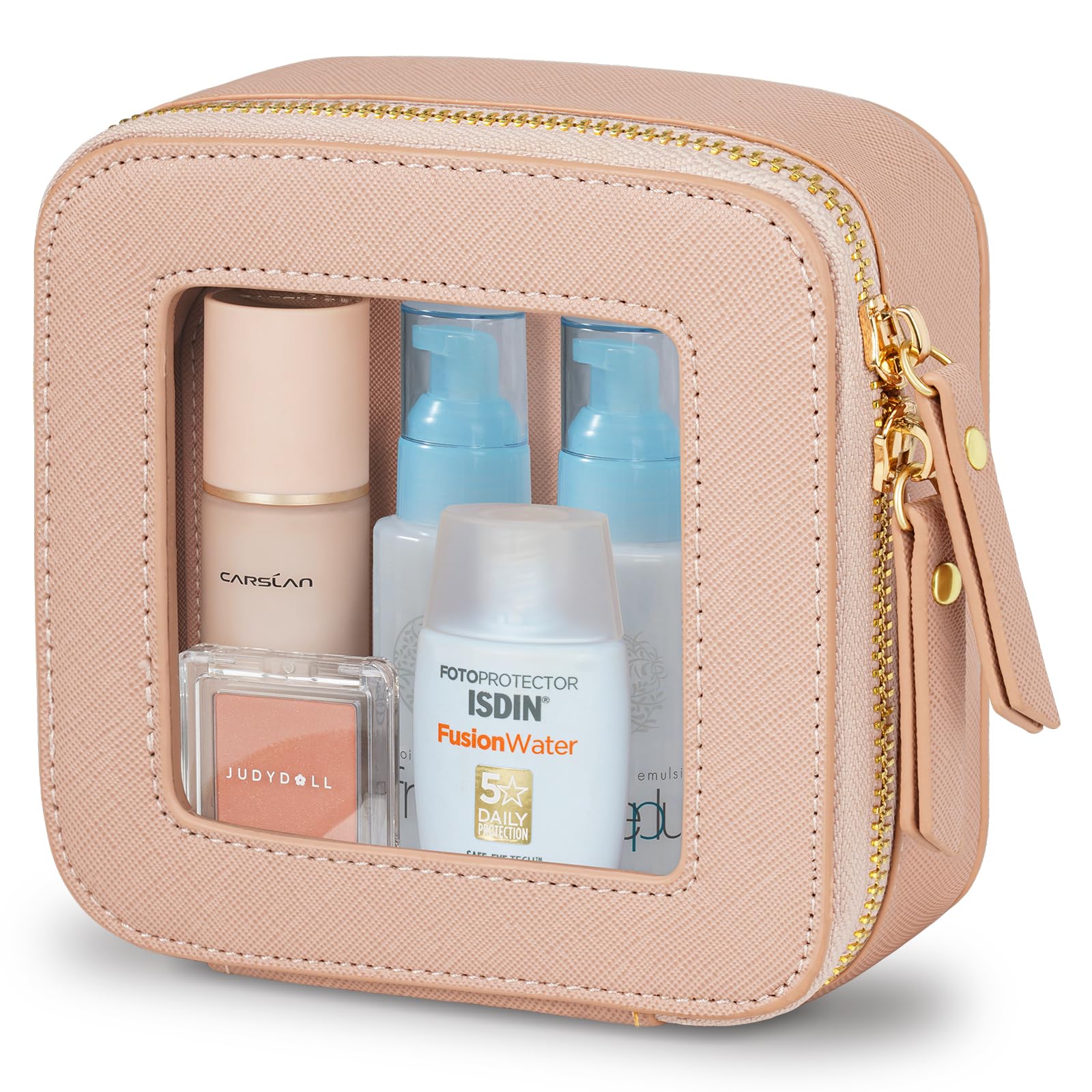 Mini Makeup Bag for Women - Small Waterproof Cosmetic & Toiletry Travel Organizer with Clear Windows & Gold Zippers | Perfect for Travel, Gym, Daily Essentials (Pink, Mini Size)