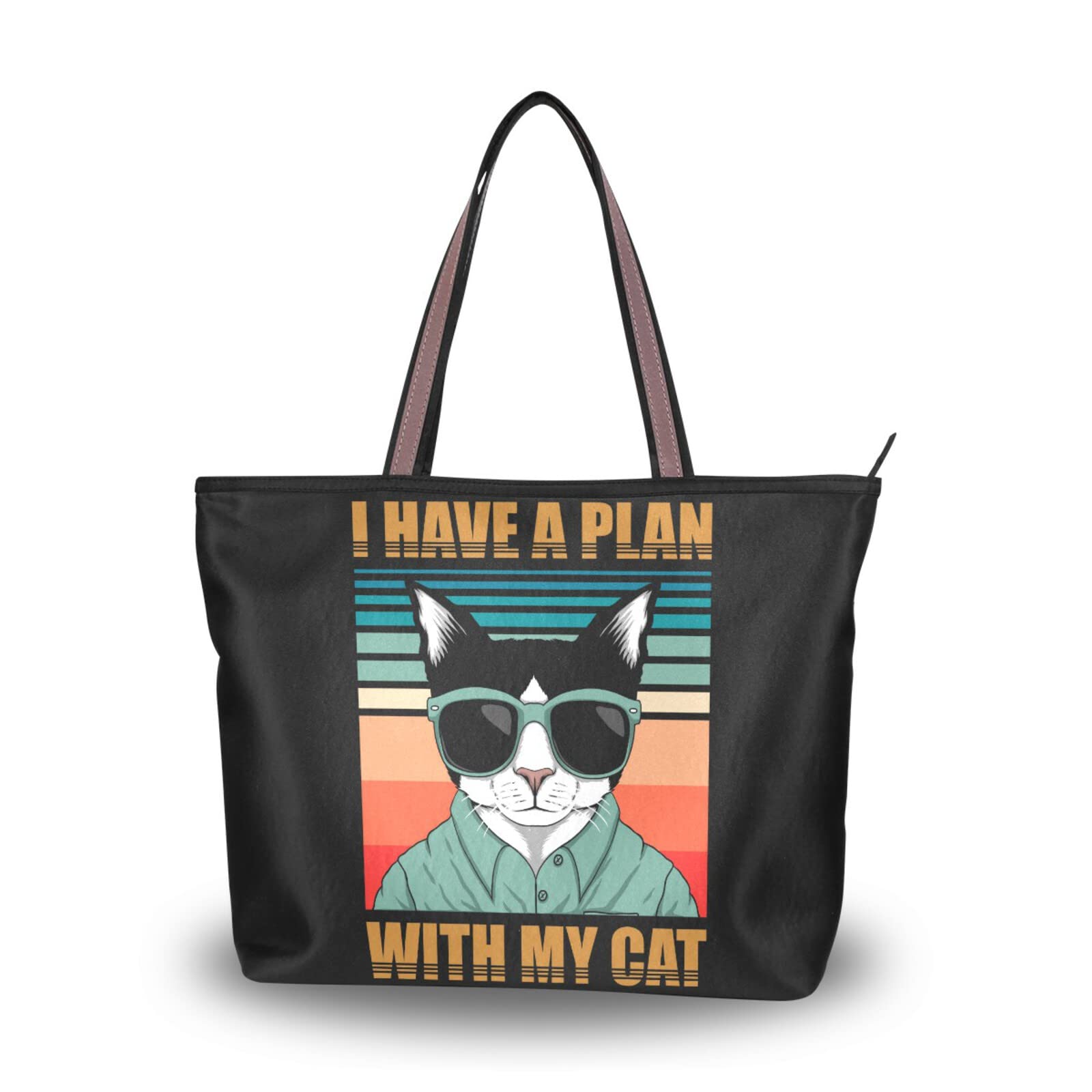 Vintage Cat Print Tote Bag for Women - Large Capacity Zipper Grocery Shopping Bag, Stylish Retro Aesthetic Purse (2 Sizes) - Perfect for Daily Use, Beach Trips & Farmers Market