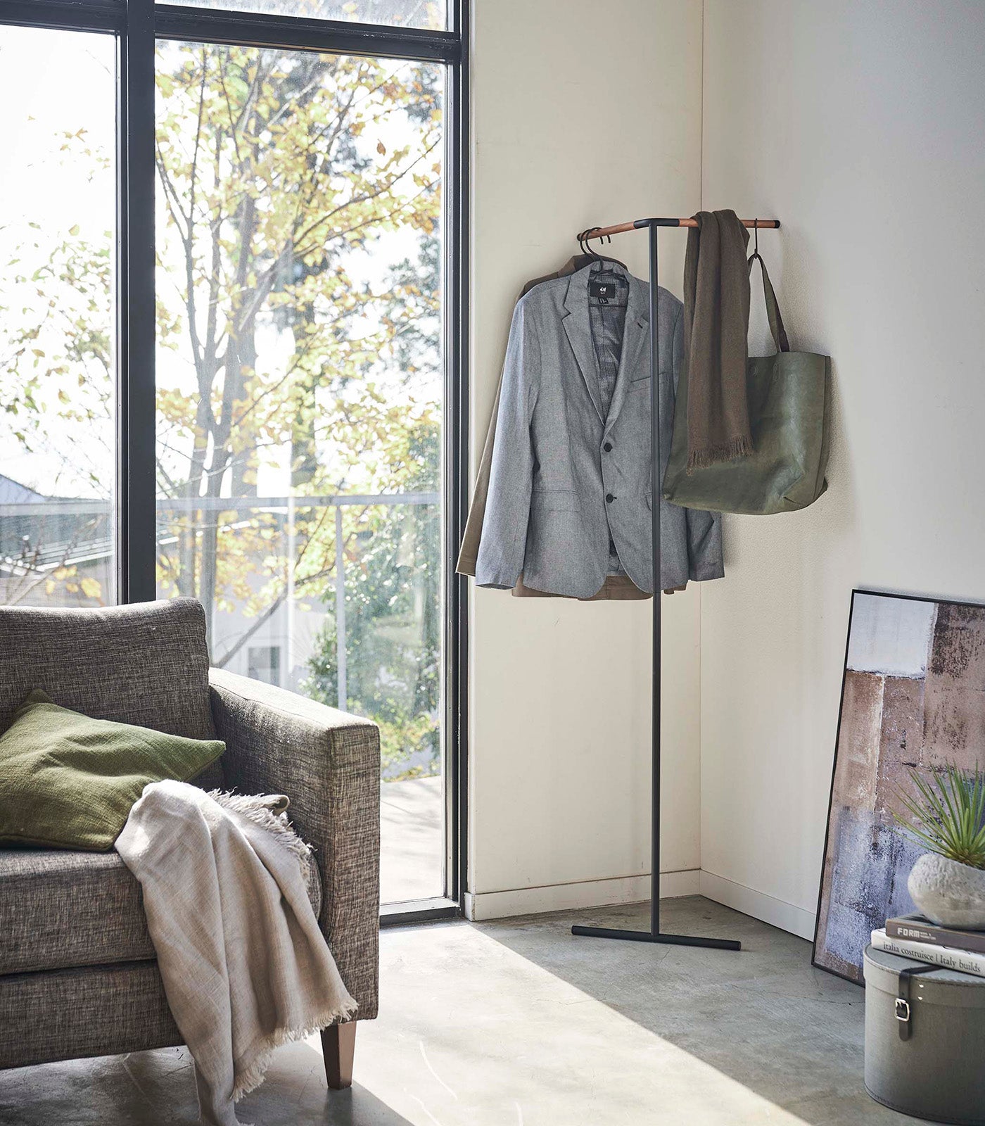 Corner Leaning Coat Hanger - 63 Inches Tall, Sturdy Steel Frame with Wooden Hooks - Space-Saving Wall Mounted Clothes Rack for Bedroom, Entryway or Closet Organization