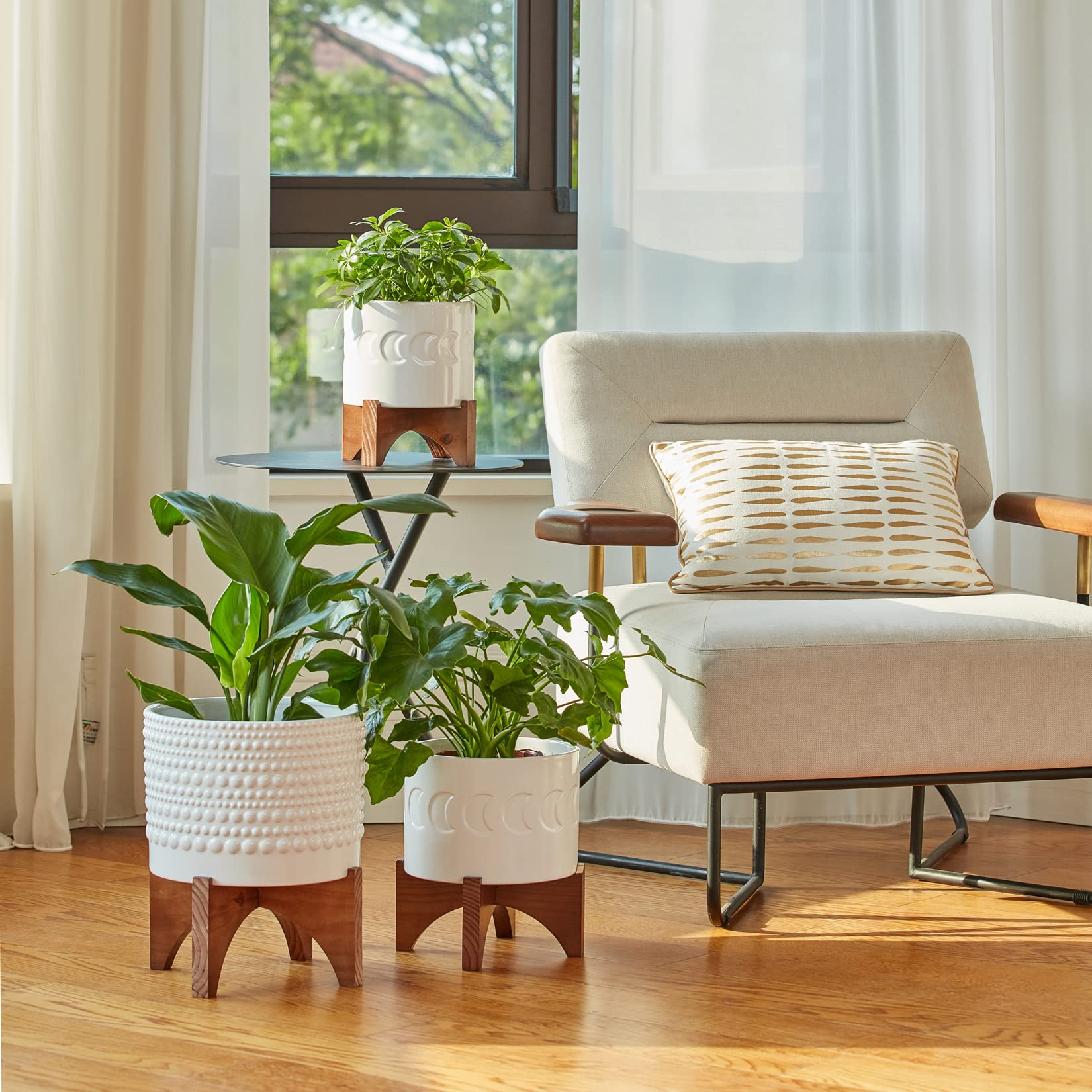 LA Jolie Muse 8 Inch White Ceramic Planter with Wood Stand - Cylinder Embossed Hobnail Pattern Flower Pot for Indoor Plants | Perfect for Home Decor, Office Desk, and Living Room Decorations