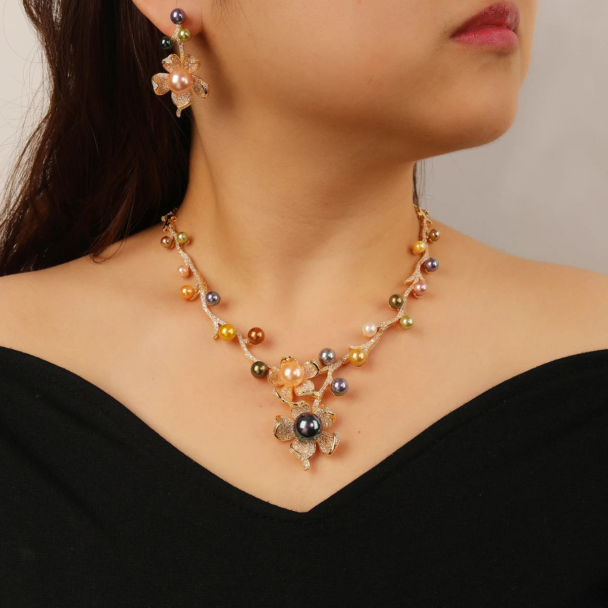 2-Piece Cubic Zirconia Pearl Flower Necklace & Earrings Set for Women - Elegant Wedding & Party Jewelry - Perfect for Bridal, Prom, Anniversary & Formal Events