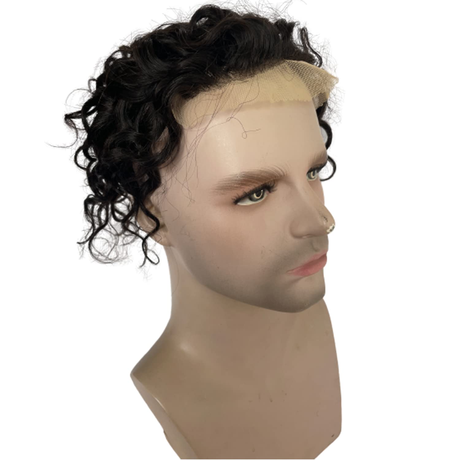 100% European Virgin Human Hair Toupee for Men - 8 Inch Curly Hair Replacement System with Swiss Lace & PU Base (4.33x6.69 Inch, Natural Black) - Perfect for Daily Wear, Special Occasions & Hair Loss Solutions