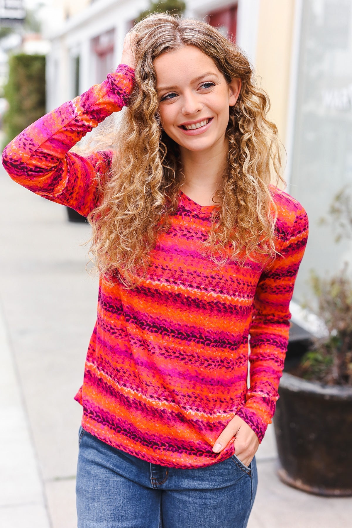 Bold Flame & Magenta Striped Cable Knit Print Hacci Top - Women's Fashion Sweater for Fall & Winter, Perfect for Casual Outfits and Holiday Parties