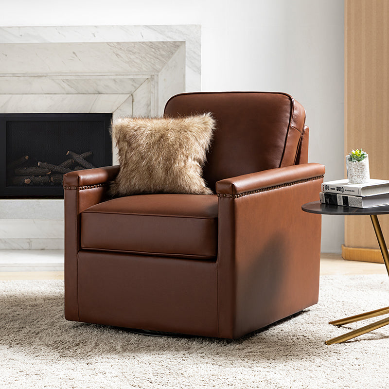 Genuine Leather Swivel Chair with Nailhead Trim - Irene Modern Armchair for Home Office, Living Room & Study - Comfortable Executive Desk Chair for Work & Relaxation