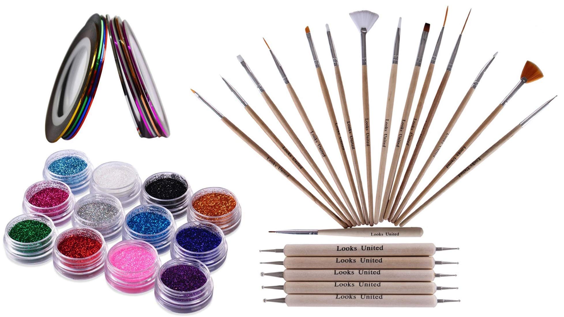 15-Piece Nail Art Brush Set with 5 Dotting Tools, 10 Nail Art Rolls & 12-Color Glitter Kit - Wooden Handle Professional Manicure Tools for DIY Nail Design at Home or Salon