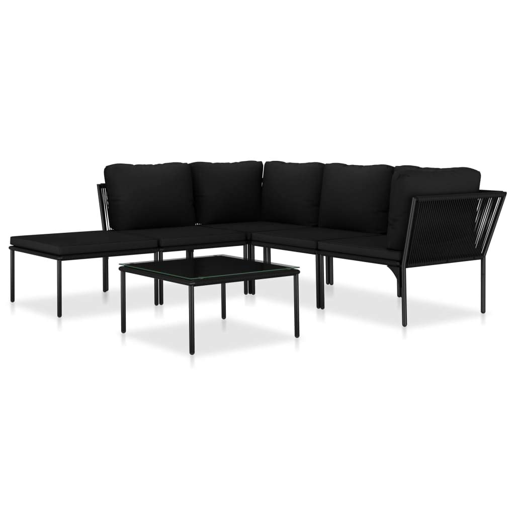 6-Piece Black PVC Wicker Patio Conversation Set with Cushions, Outdoor Sectional Sofa & Glass Coffee Table - Perfect for Garden, Poolside & Backyard Relaxation