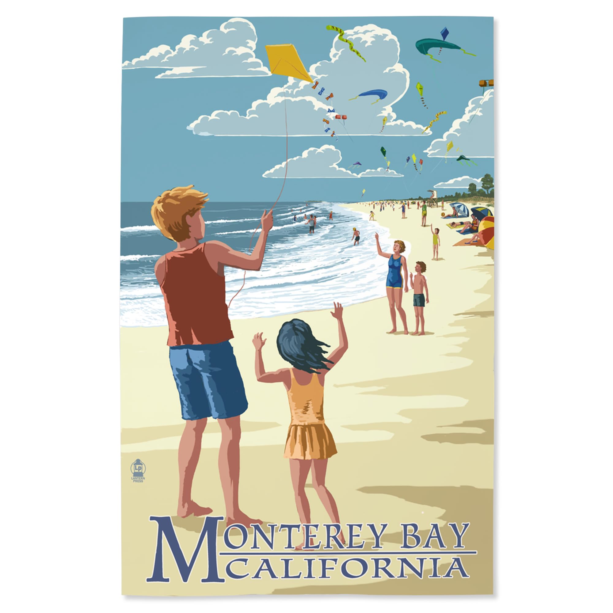 Lantern Press 16x24 Inch Giclee Art Print - Monterey Bay California Coastal Landscape with Kite Flyers - Wall Decor for Living Room, Bedroom & Office