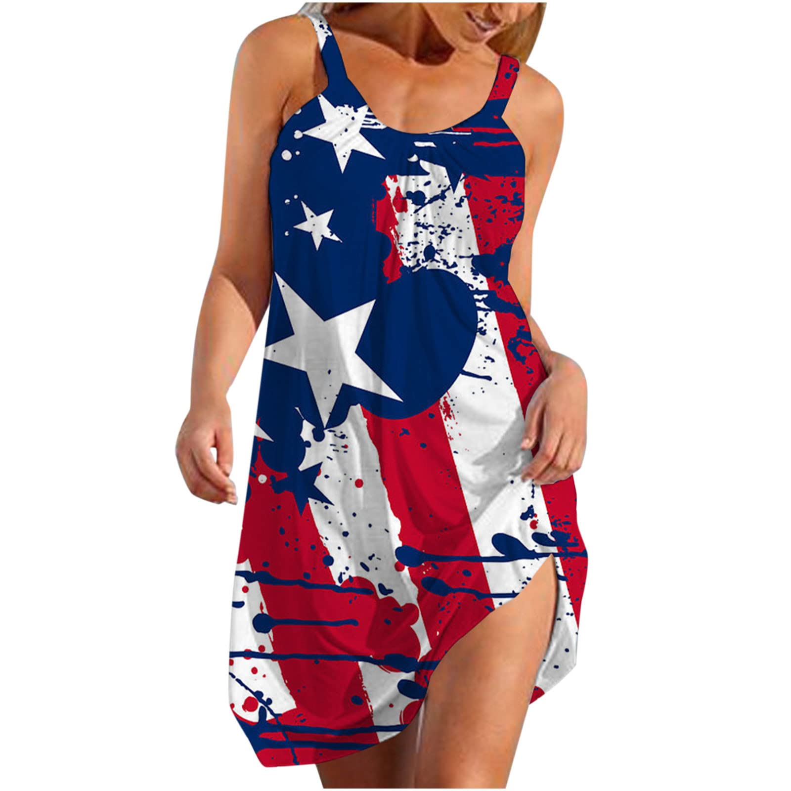 Miximx Women's Summer Sleeveless Sundress - Elastic Waist Loose Swing Dress for 4th of July Independence Day | Beach Vacation, Picnic, Casual Outing