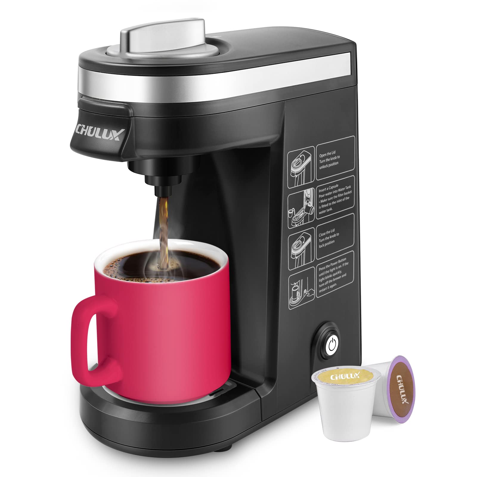 CHULUX Single Serve Coffee Maker for K-Cup Pods - 12oz Water Reservoir, Compact & Fast Brewing - Perfect for Home, Office, or Dorm Room - Black
