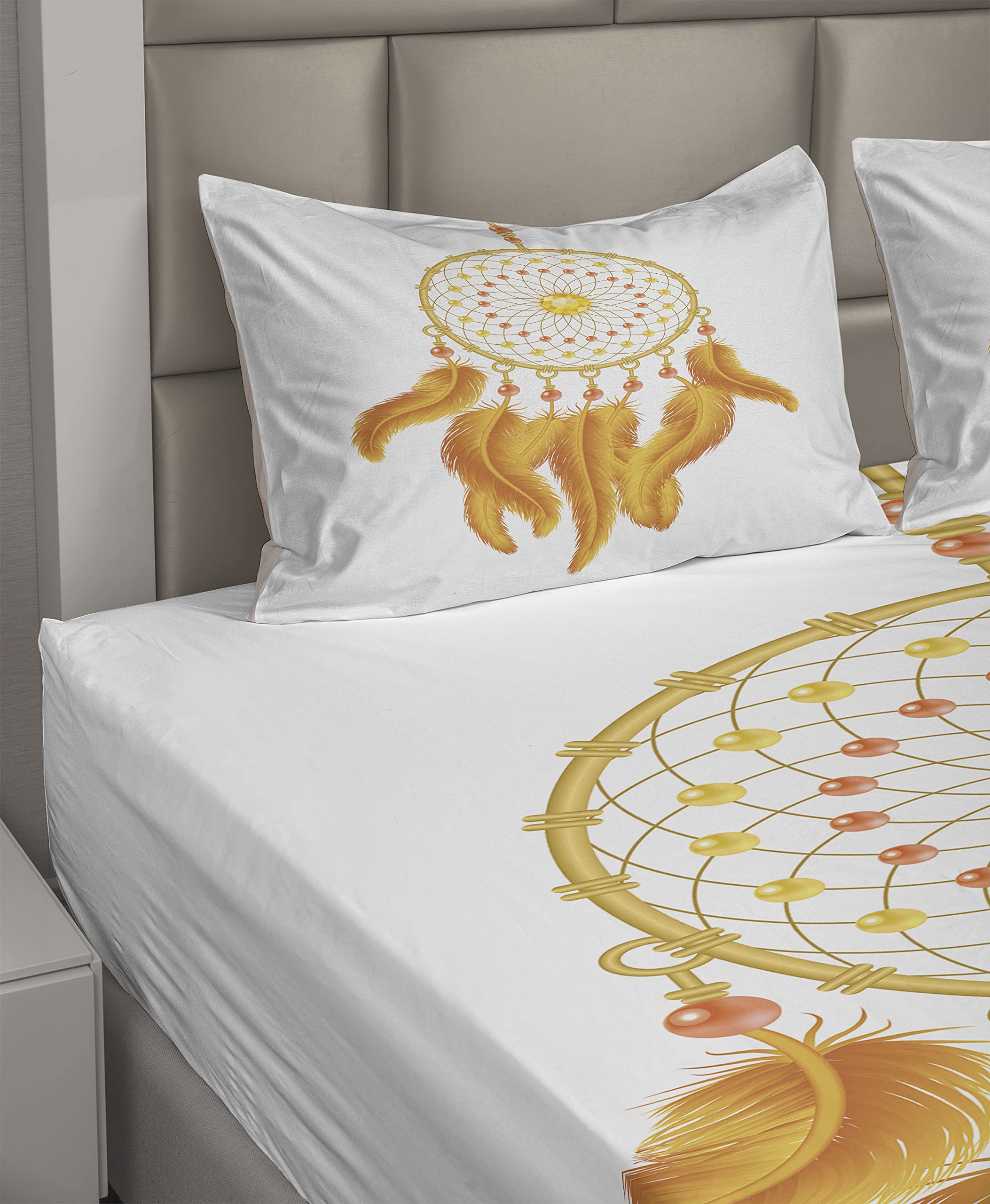 Ambesonne Aztec Bed Sheet Set - Golden Yellow Dreamcatcher Native Indigenous Design, 4-Piece King Size Bedding with Fitted Sheet, Flat Sheet & Pillowcases in Marigold White | Perfect for Boho Chic, Southwestern & Cultural Themed Bedrooms