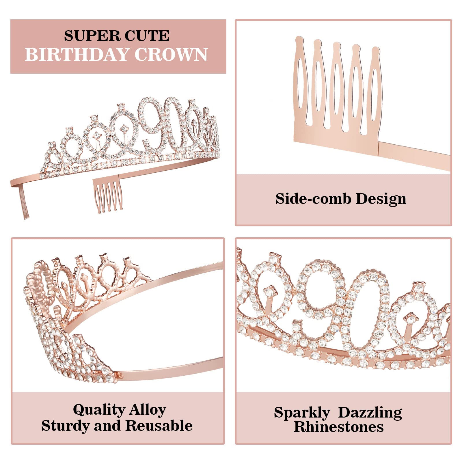 90th Birthday Party Decorations for Women - Elegant Crown/Tiara, Satin Sash, Cake Topper & Candles Set - Perfect for Milestone Celebrations, Retirement Parties & Special Occasions