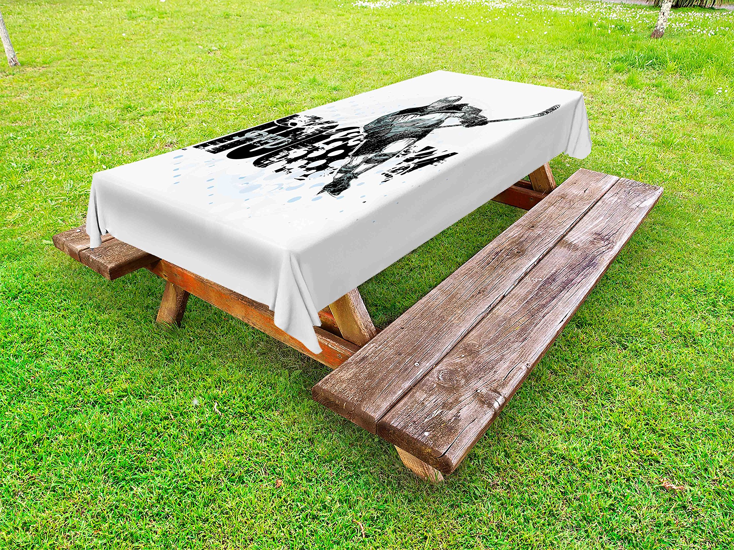 Ambesonne Hockey-Themed Outdoor Tablecloth - Grunge Sketch Art with Player Silhouette & Dots - Washable Picnic Table Cover 58x84 Inches - Black White Pale Blue - Perfect for Game Day Parties, Backyard BBQs & Sports-Themed Decor