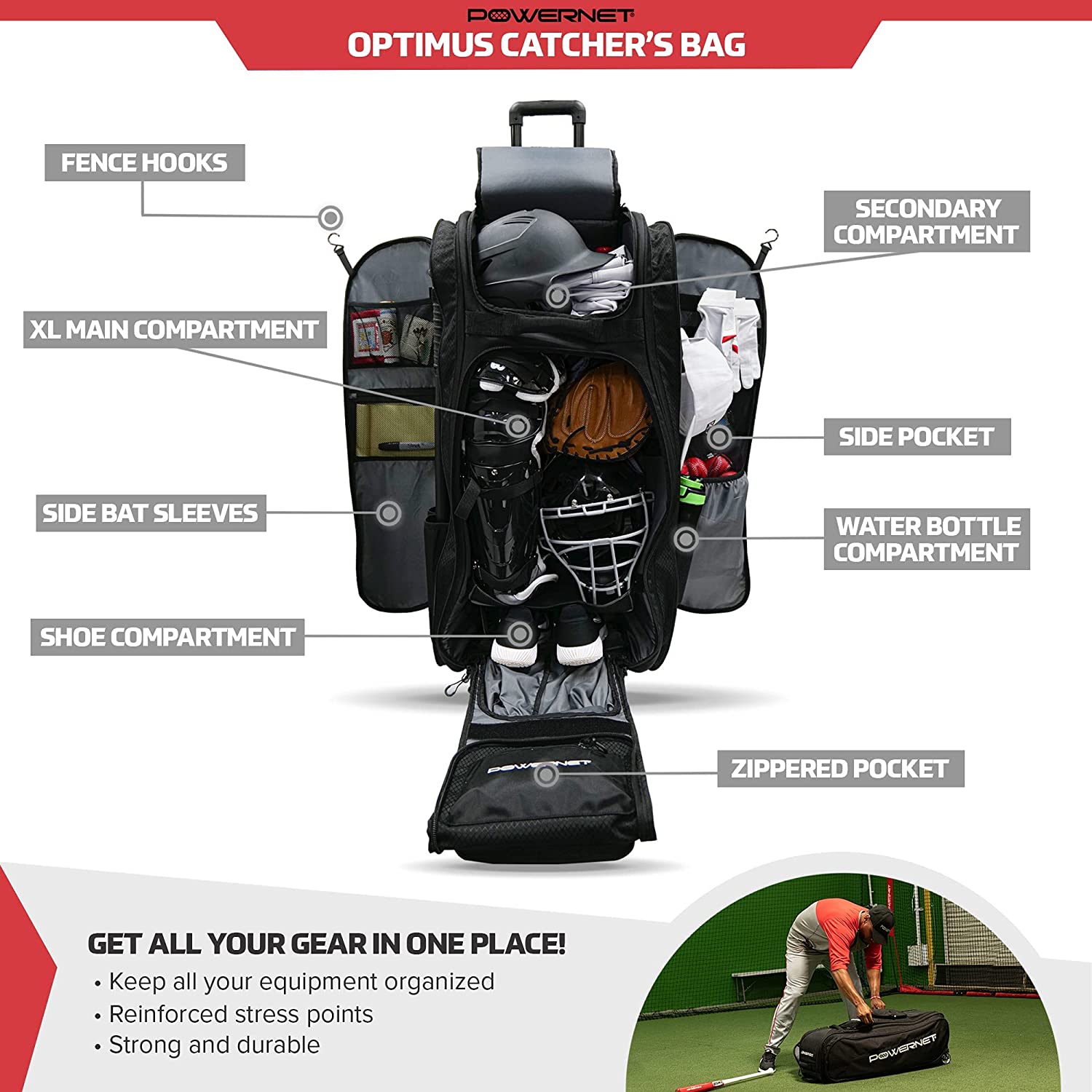 PowerNet Optimus Catcher's Bag - Professional Baseball & Softball Equipment for Players & Coaches - Perfect for Training, Games & Team Practices