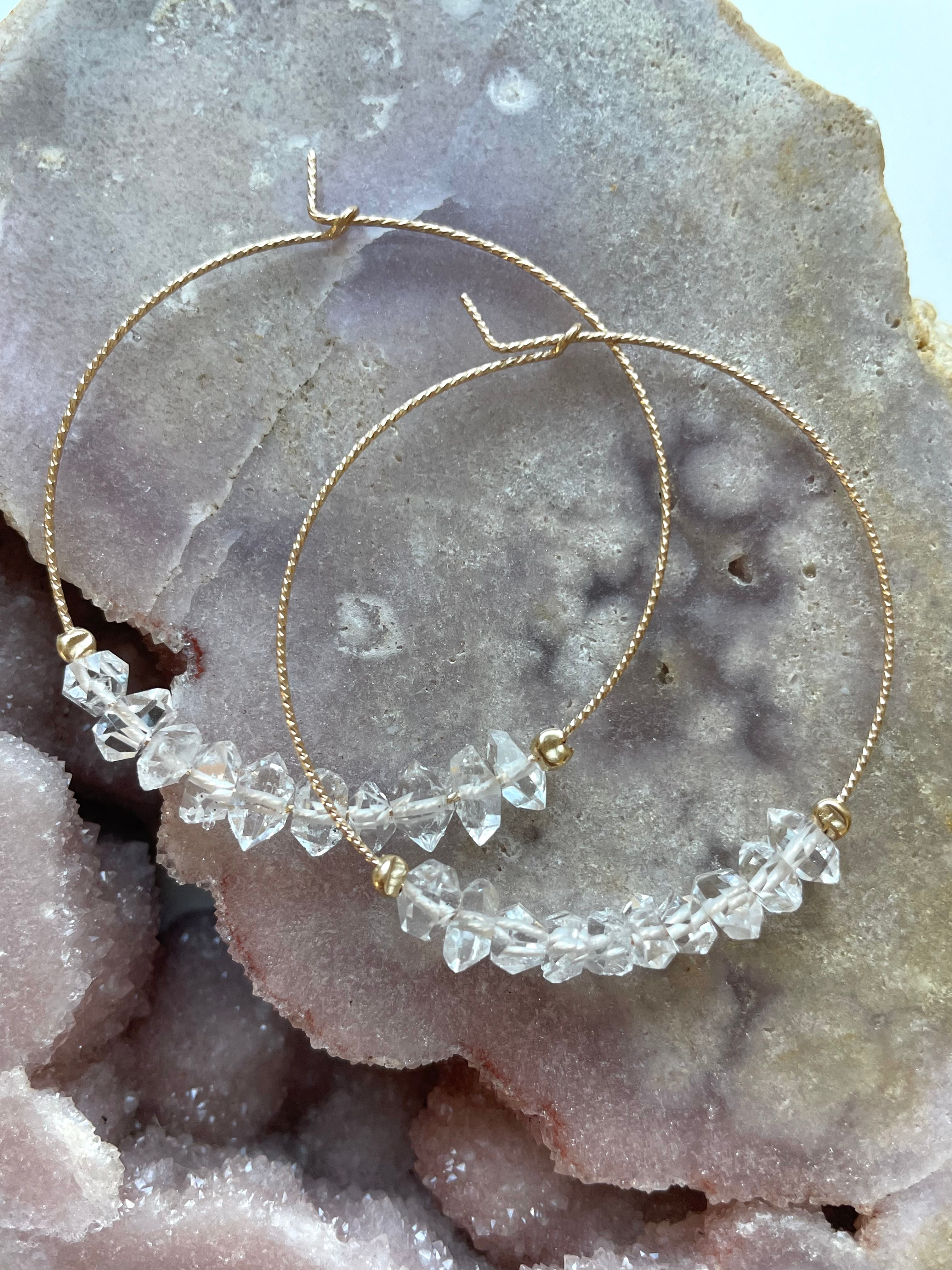 Stylish Thin Herkimer Diamond Hoops Earrings for Women - 14K Gold Plated Minimalist Dainty Studs - Perfect for Everyday Wear, Office & Special Occasions