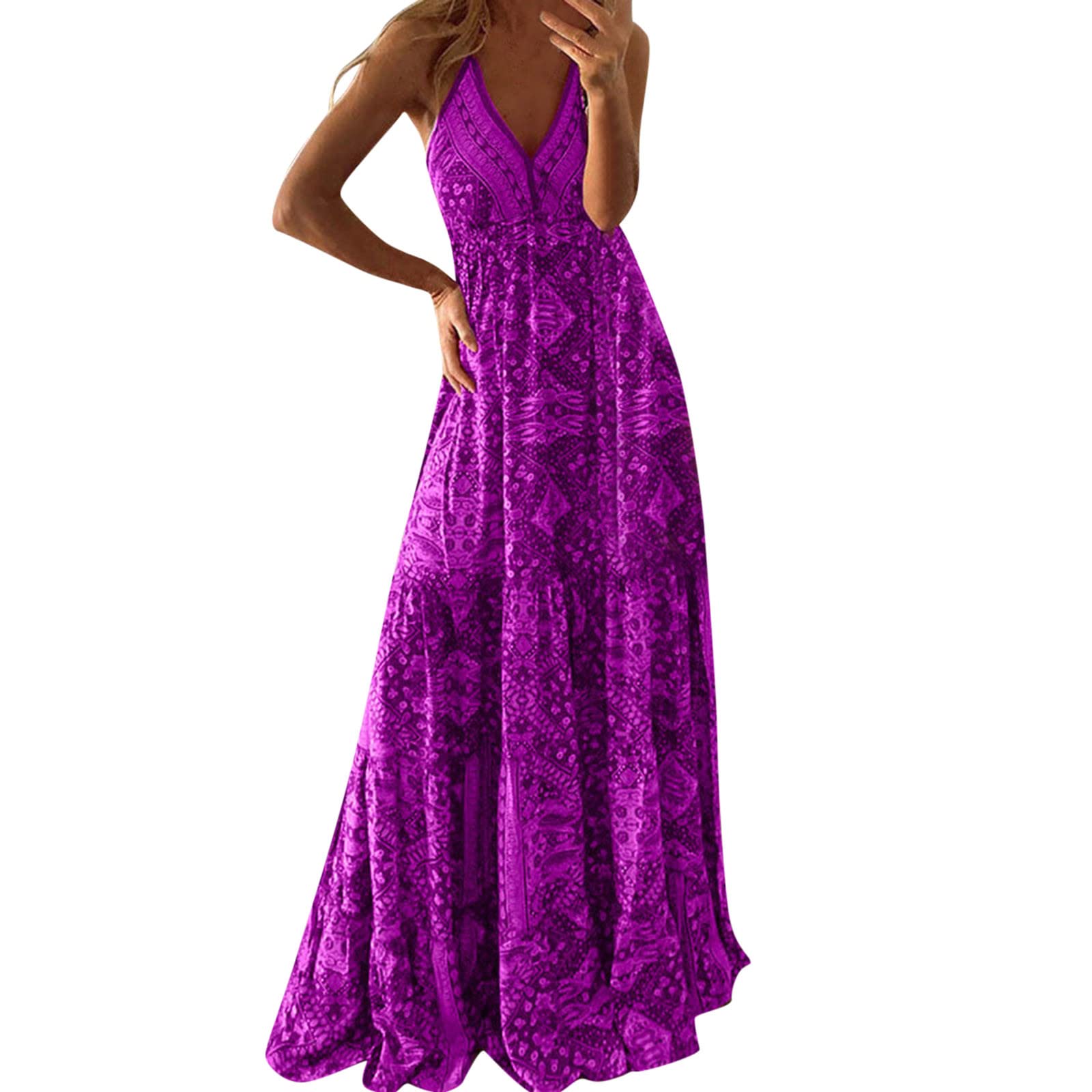 Women's Summer Dresses 2022 - Floral V-Neck Sleeveless Bohemian Maxi Dress for Beach, Vacation & Outdoor Parties | Petite Long Sling Dress for Casual Wear