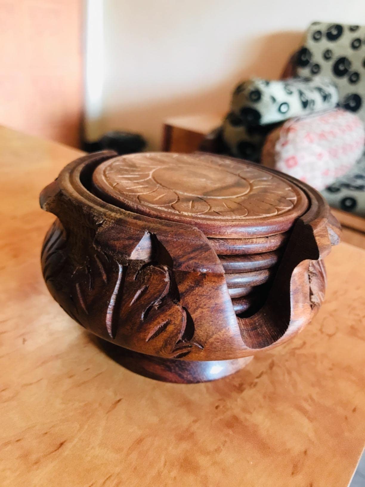 Handmade Wooden Coaster Set of 6 with Decorative Holder - Natural Carved Tabletop Drink Coasters for Coffee, Tea, Beer & Mugs - Perfect for Home Bar, Office Desk & Indian Style Decor