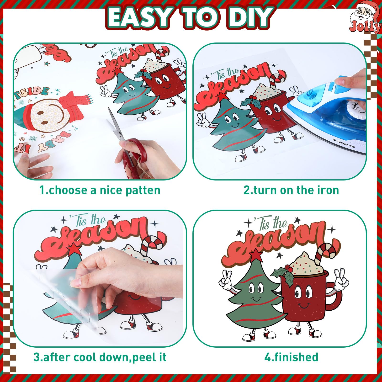 Estune 30 Pcs Christmas Iron-On Transfers - Retro Santa & Gingerbread Heat Transfer Vinyl Decals for DIY Clothing, Bags & Holiday Decorations (Xmas Party, Gift Wrapping, Festive Home Decor)