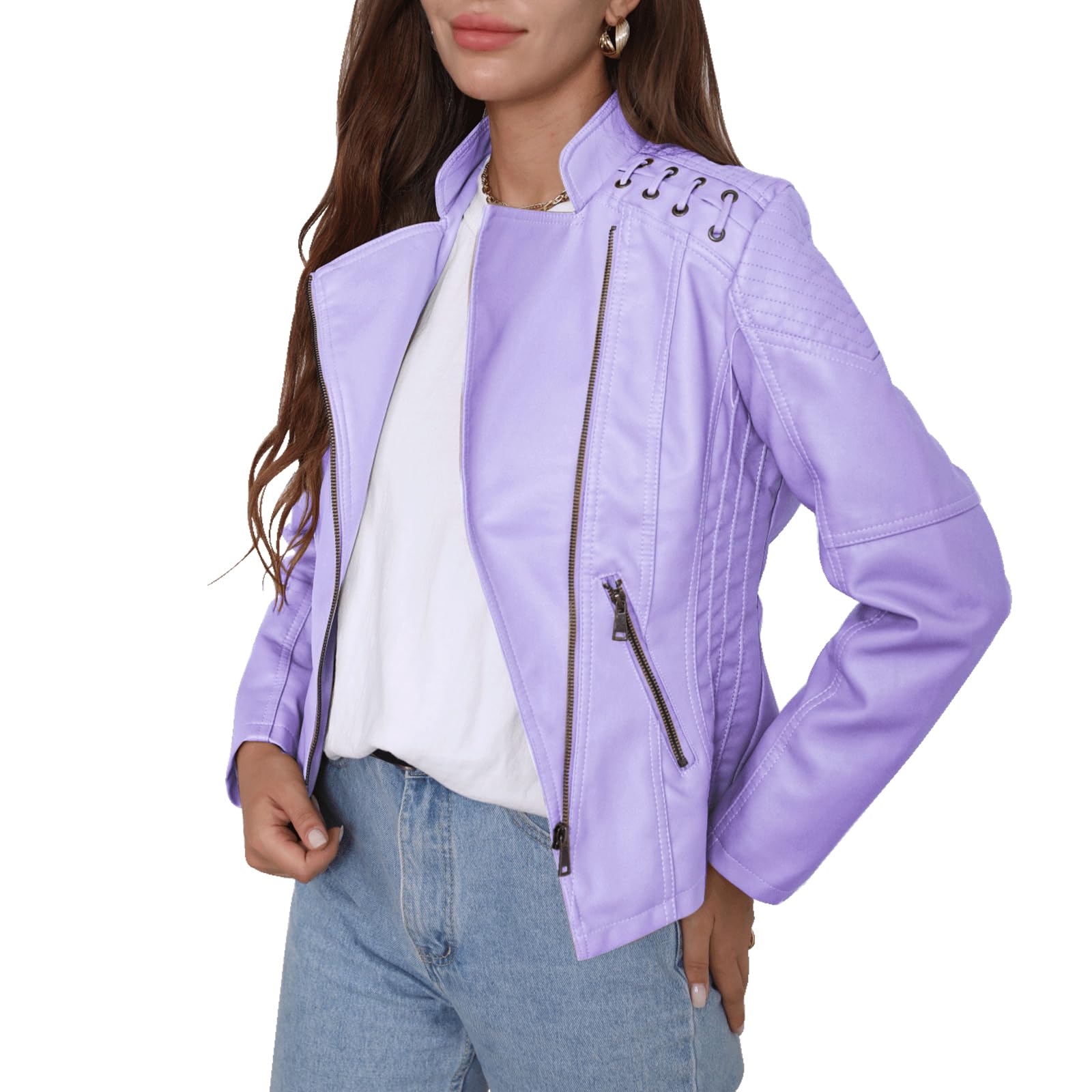 FWAY Women's Faux Leather Jacket - Moto Biker Zipper Short Outerwear for Winter with Shearling Lining | Stylish Cardigan Jacket for Casual Wear, Night Out & Motorcycle Riding