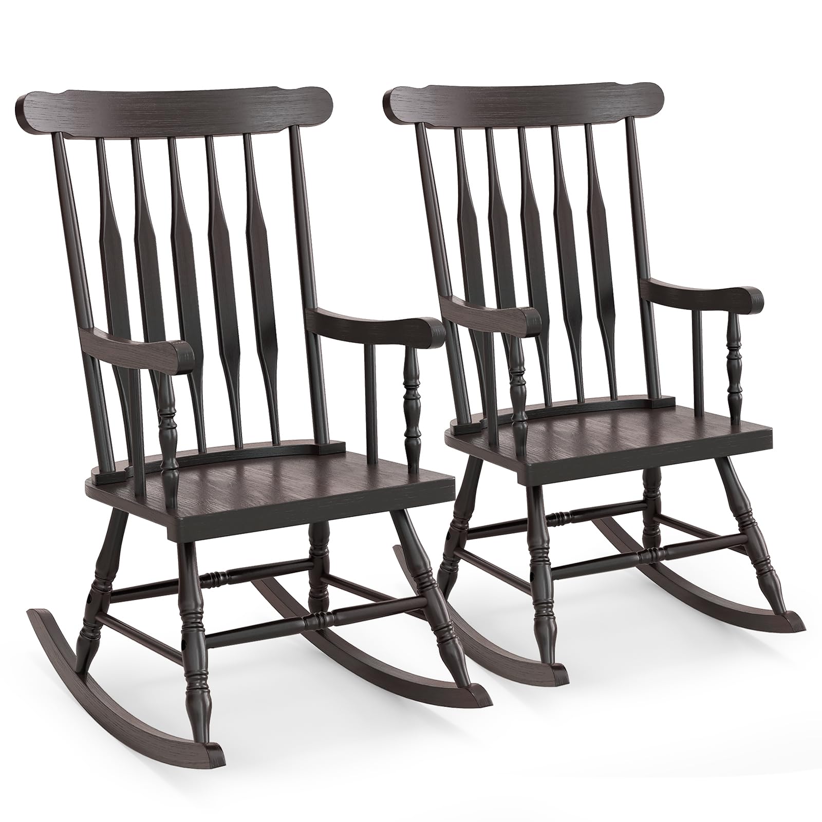 Tangkula Solid Rubber Wood Patio Rocking Chair - Outdoor Porch Rocker with Durable Wood Frame - Indoor/Outdoor Wooden Rocking Chair for Garden, Backyard, Balcony & Living Room - Comfortable Seating for Relaxation (2-Pack, Espresso)