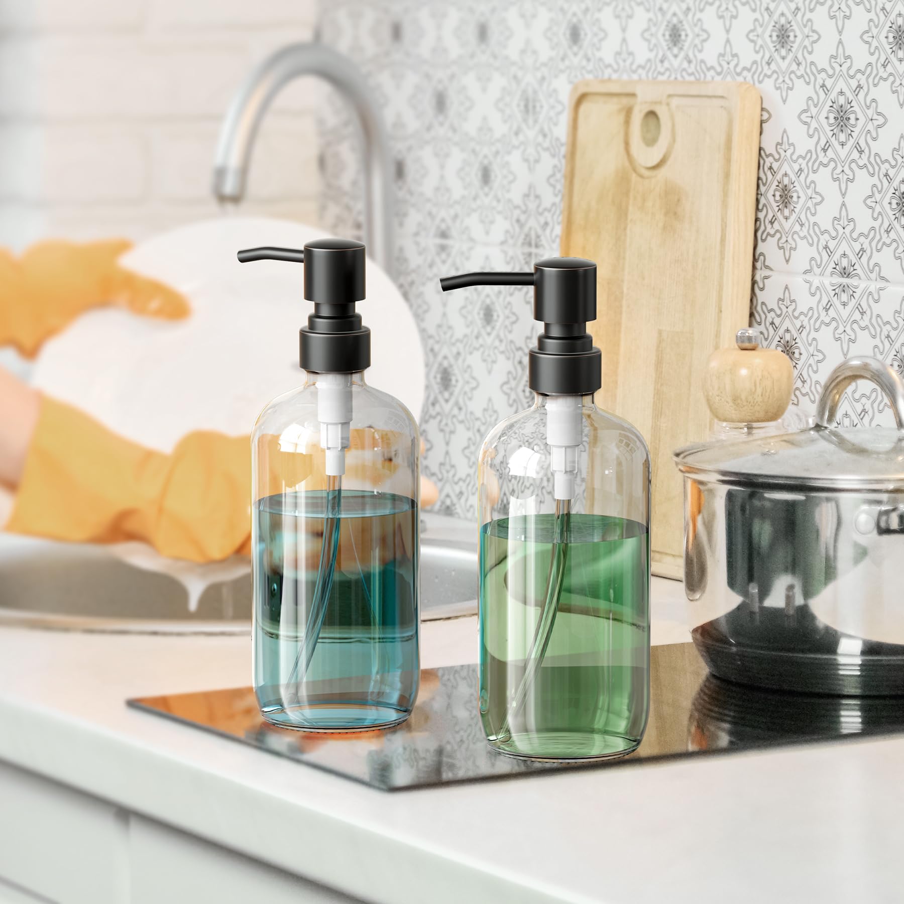 AmazerBath 17oz Glass Soap Dispenser 2-Pack - Clear Bathroom Hand Soap Dispenser with Bronze Rustproof Pump for Liquid Soap & Lotion - Perfect for Kitchen, Bathroom Countertop & Vanity Organization