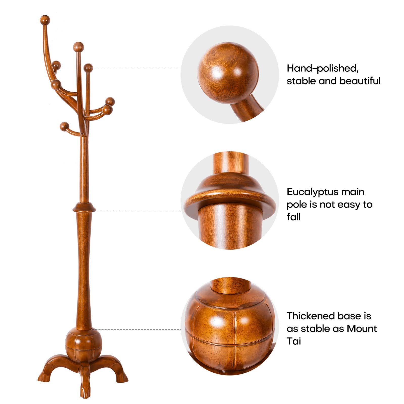 Freestanding Wood Coat Rack with 8 Hooks - Creative Tree Branch Design - Heavy Duty Clothes Hanger Stand with Stable Sphere Base (160lbs Capacity, Light Brown) - Perfect for Entryway, Hallway, Bedroom & Living Room Organization