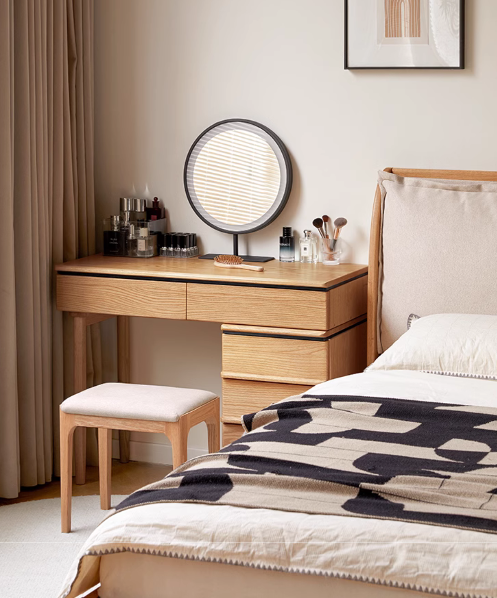 Modern Oak Solid Wood Retractable Dressing Table - Vanity Makeup Desk with Mirror for Bedroom & Home Decor